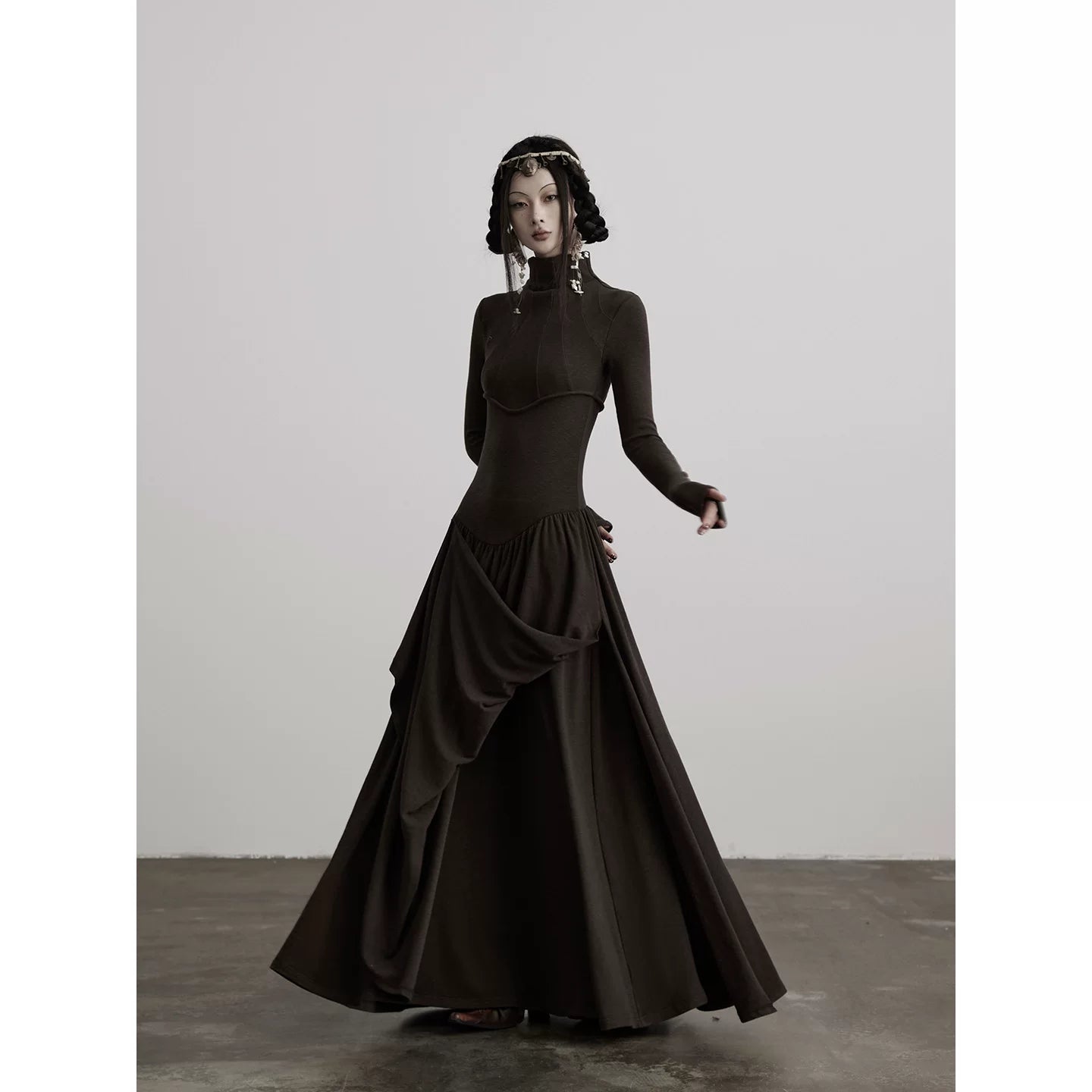 INDULGE Irregular Stand-up Neck Knitted Waist Dress