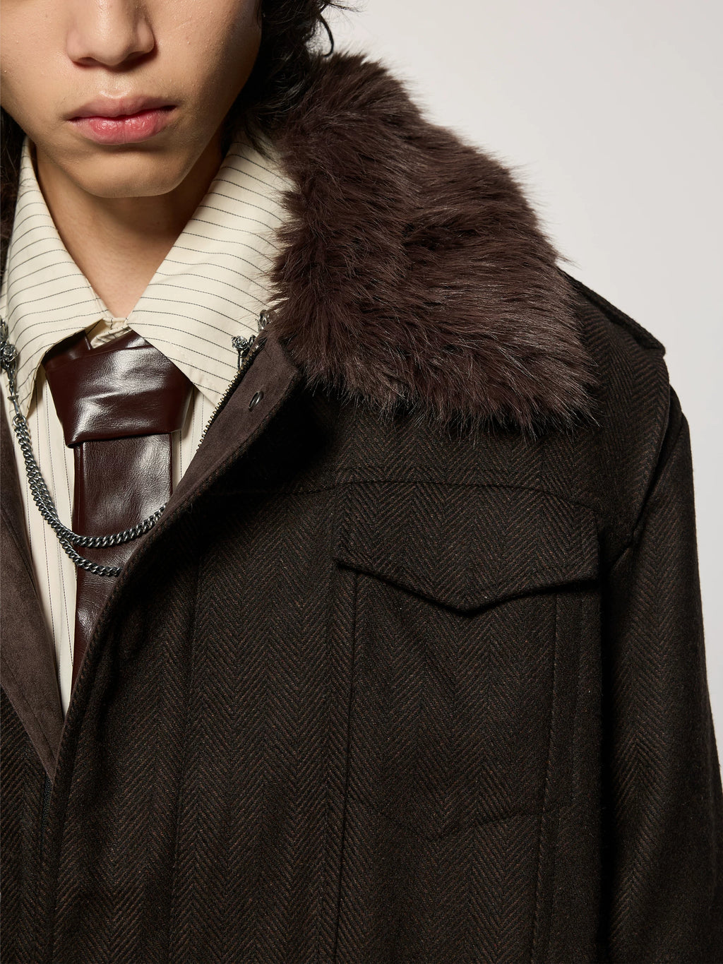 Azure Lisseur Vintage Fur Collar Fishbone Jacket