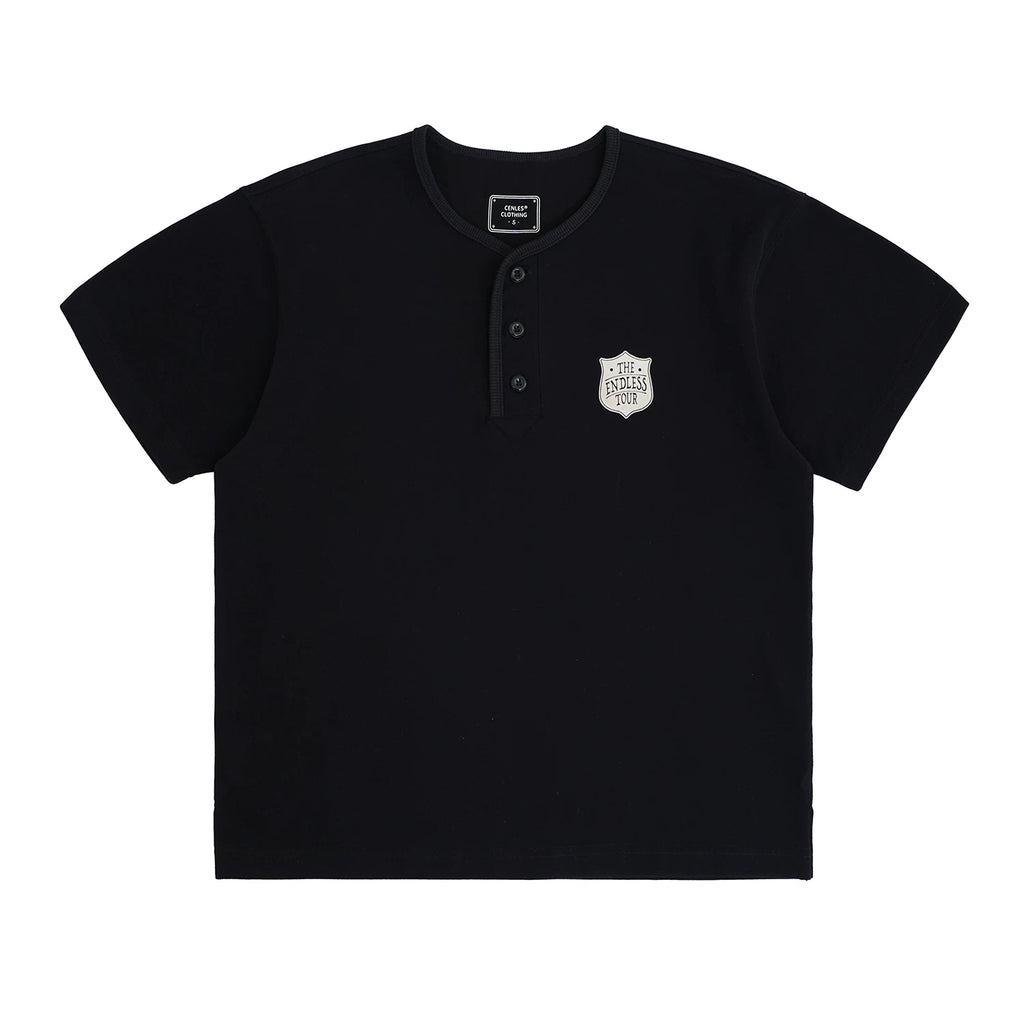 CENLES Badge Graphic 280g Breathable Loose Henley Tee