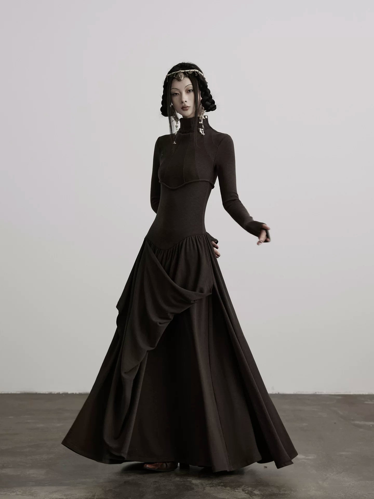 INDULGE Irregular Stand-up Neck Knitted Waist Dress