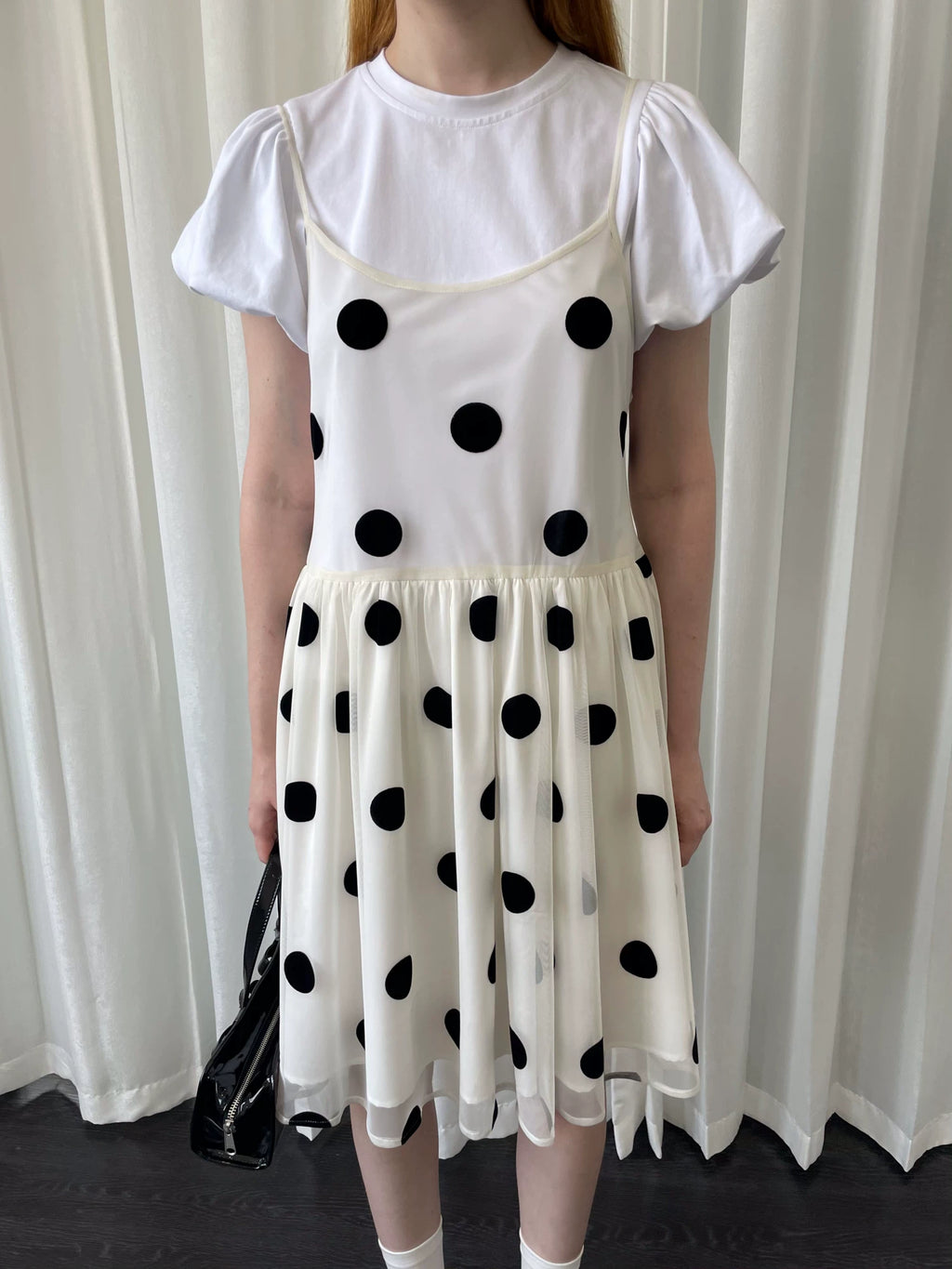Loosesmell Splicing Pleated Dot Mesh Suspender Skirt