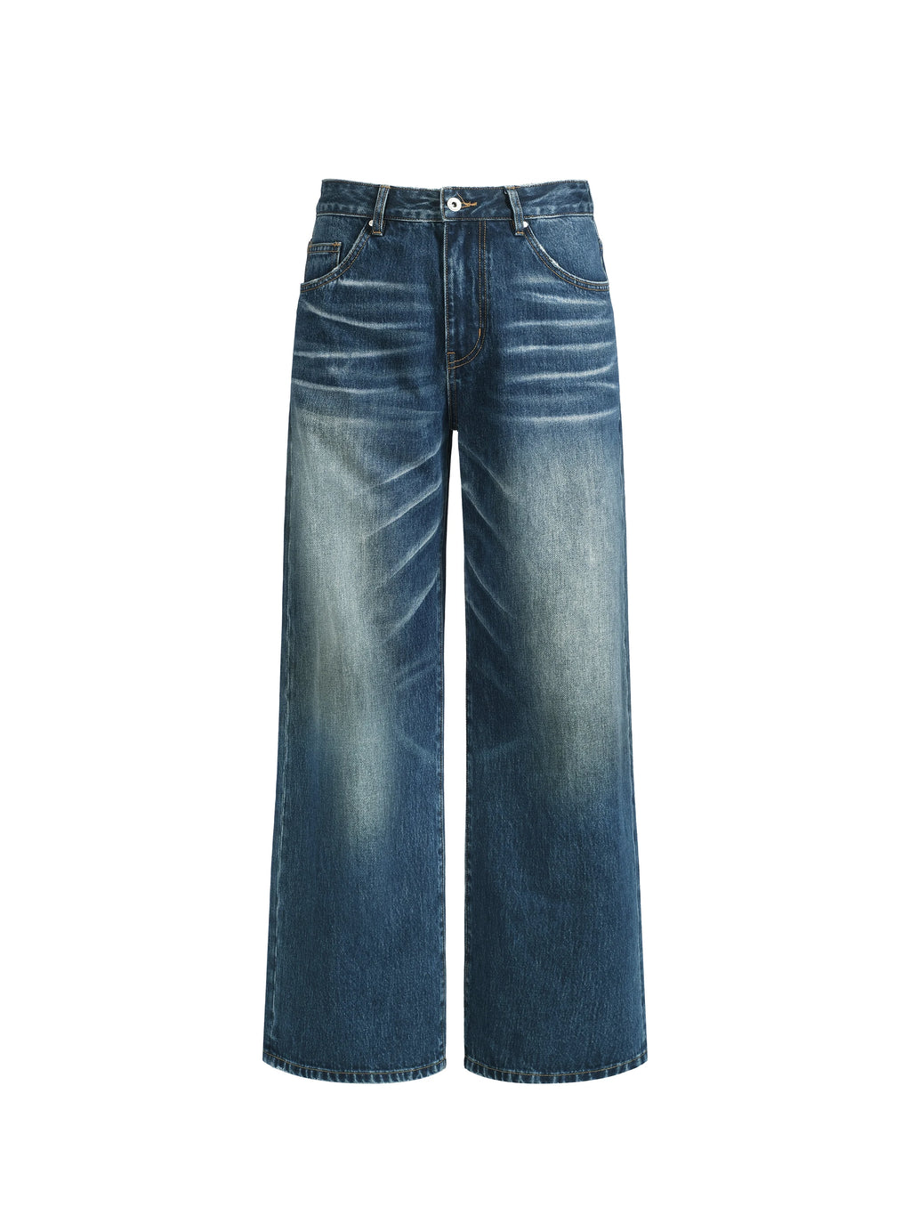 TERRAINCOGNITA Deep Blue Washed Whiskered Straight-Leg Jeans
