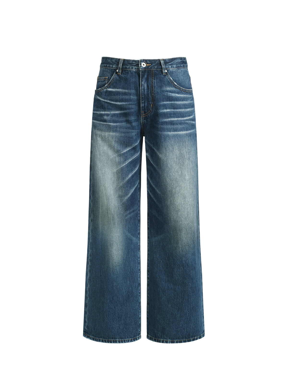 TERRAINCOGNITA Deep Blue Washed Whiskered Straight-Leg Jeans