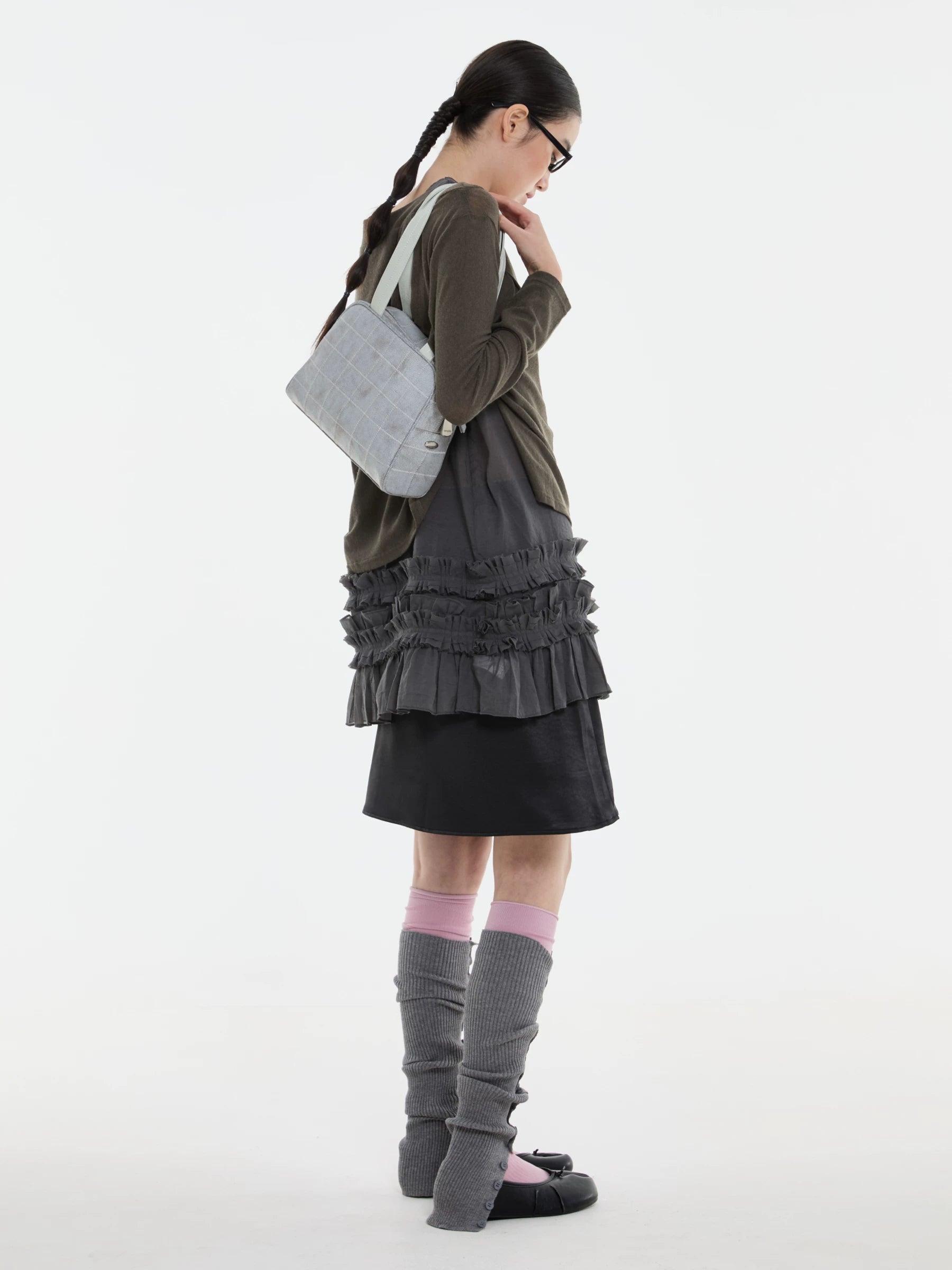DIRTY SIX Gray Woven Fabric Zip-Top Shoulder Bag