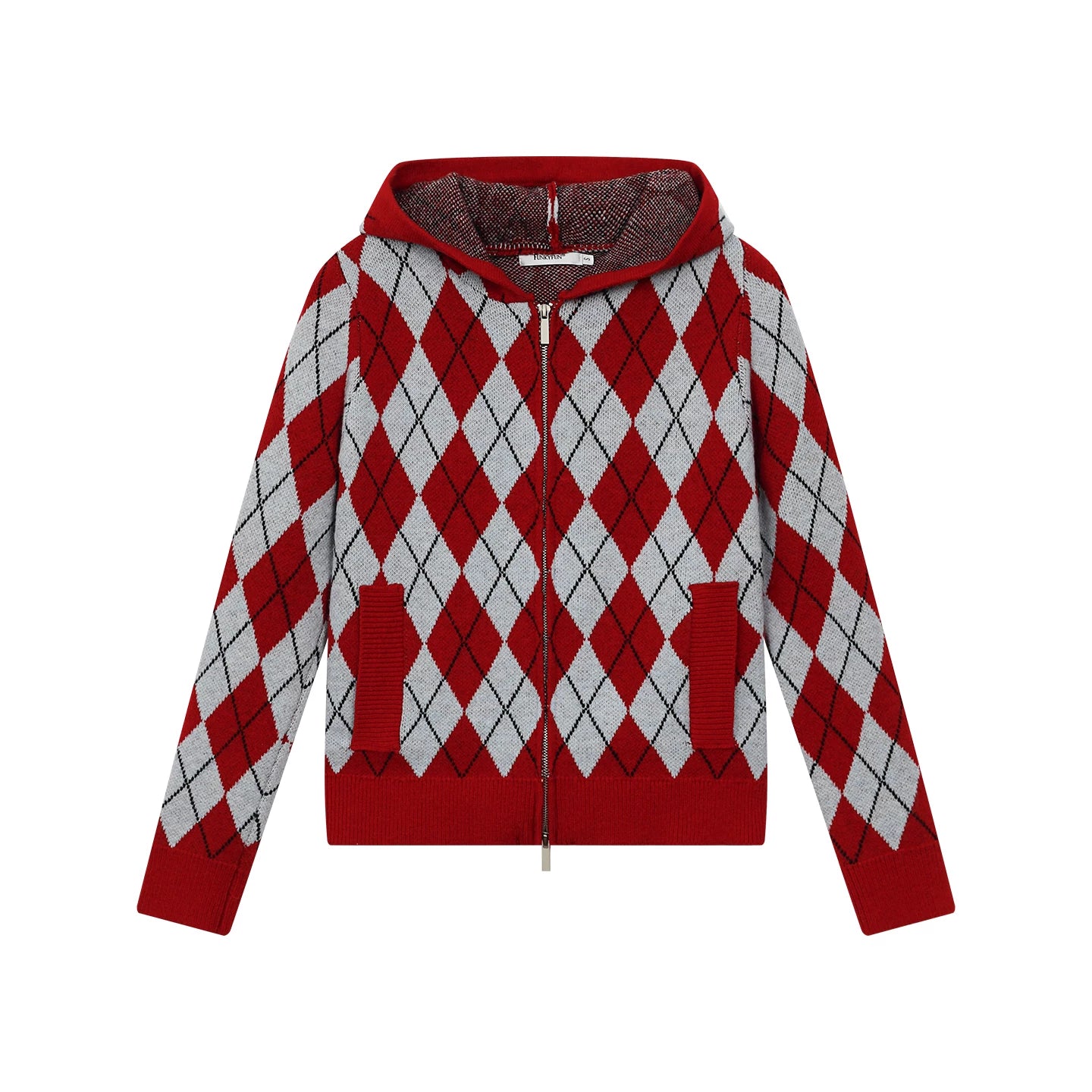 FUNKYFUN Diamond Plaid Contrast Stitching Hooded Knit Sweater Jacket