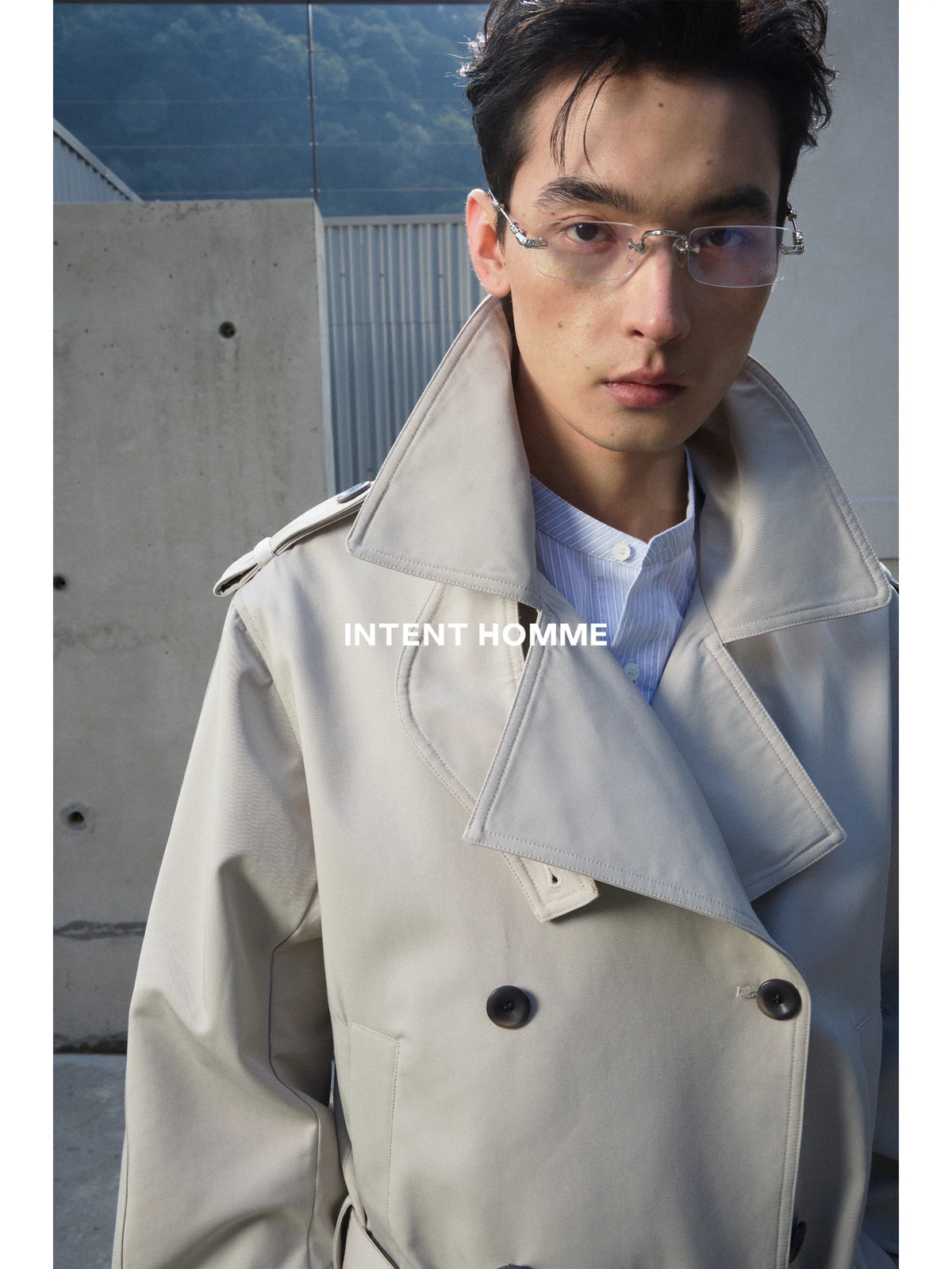 INTENT Lake Gray Belted Double-Breasted Short Trench Coat