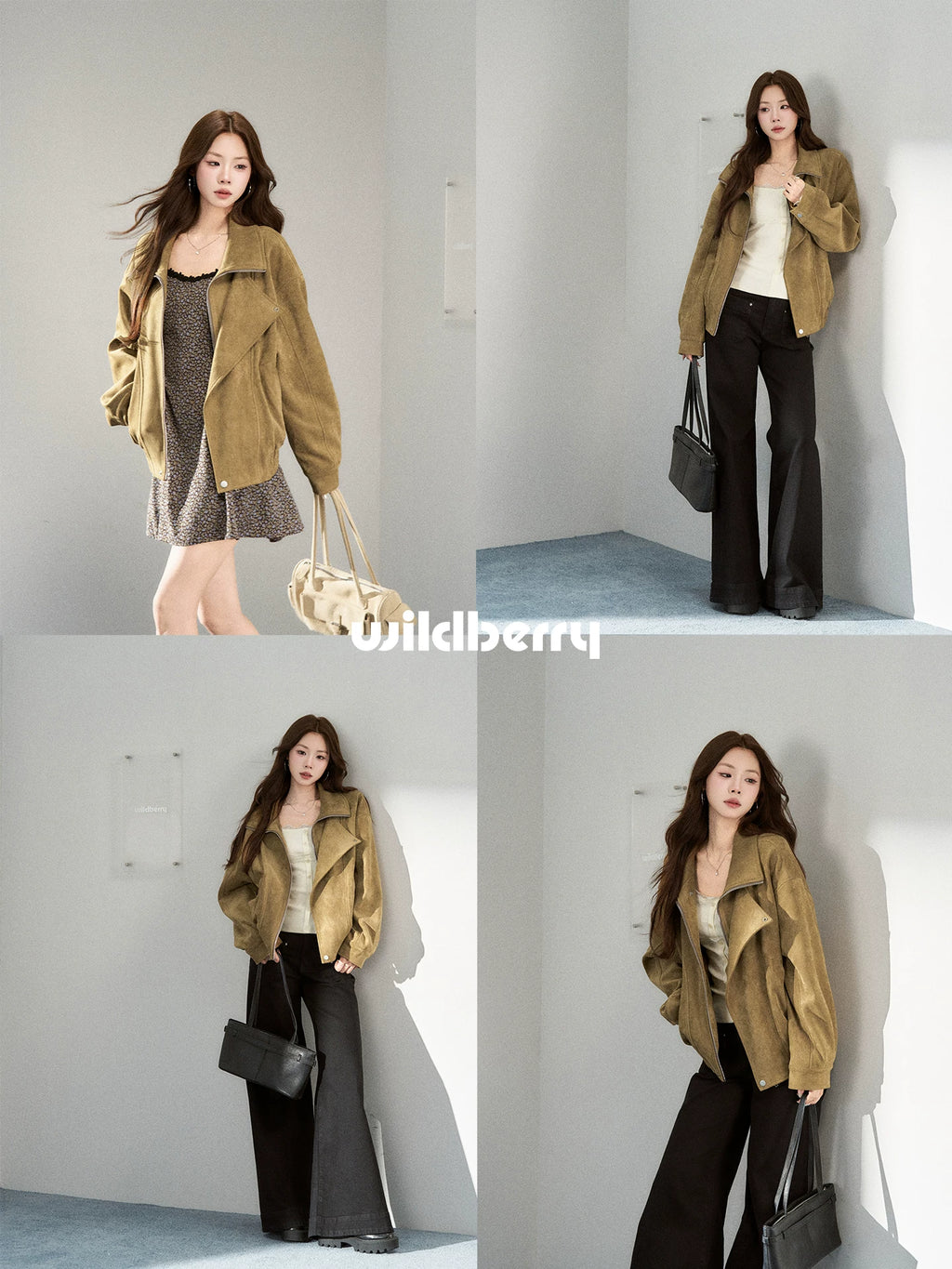 Wildberry Vintage Suede Collar Asymmetric Loose Motorcycle Jacket