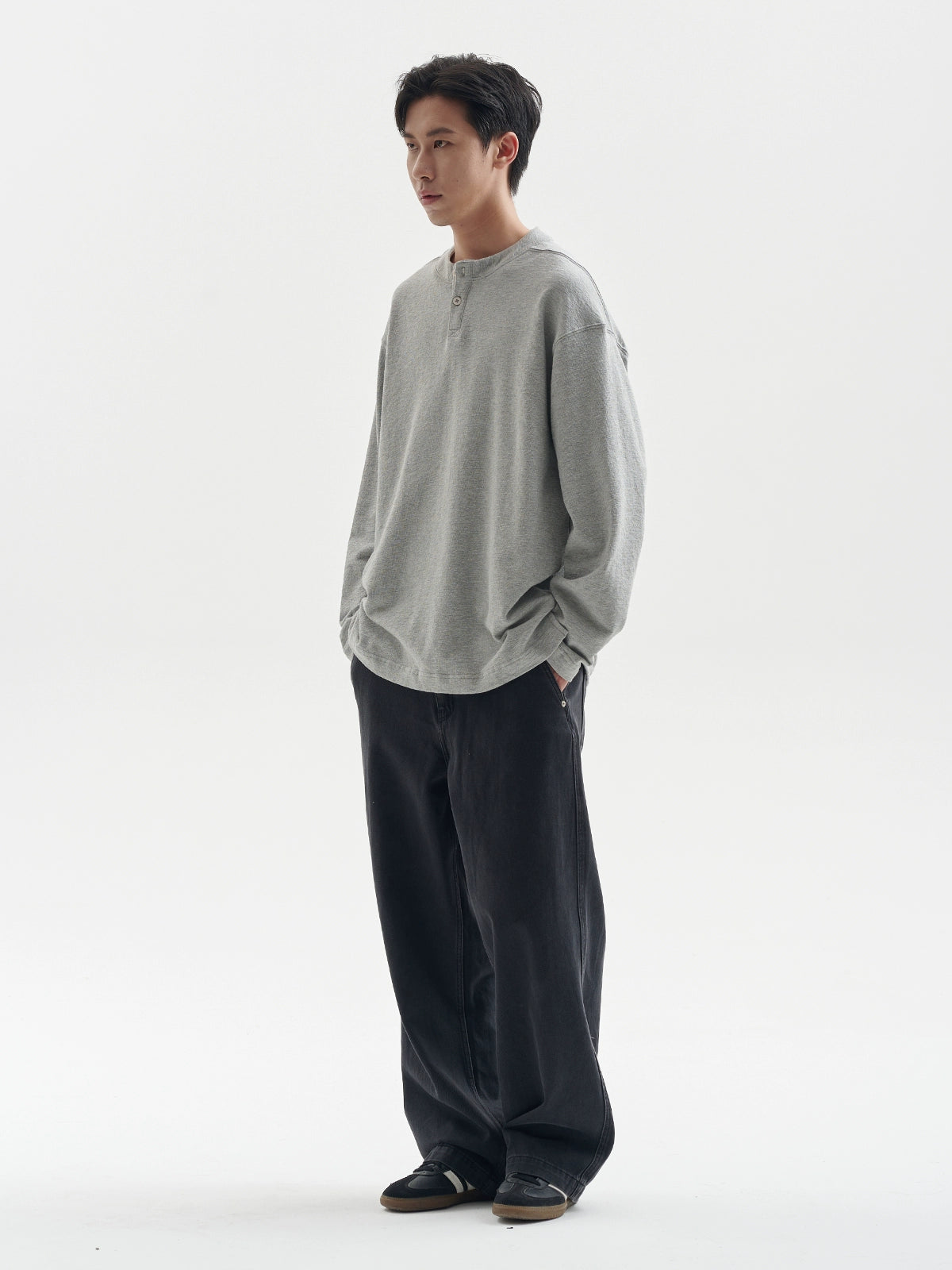 BUTTBILL Henry Collar Simple Casual Vintage Long Sleeve