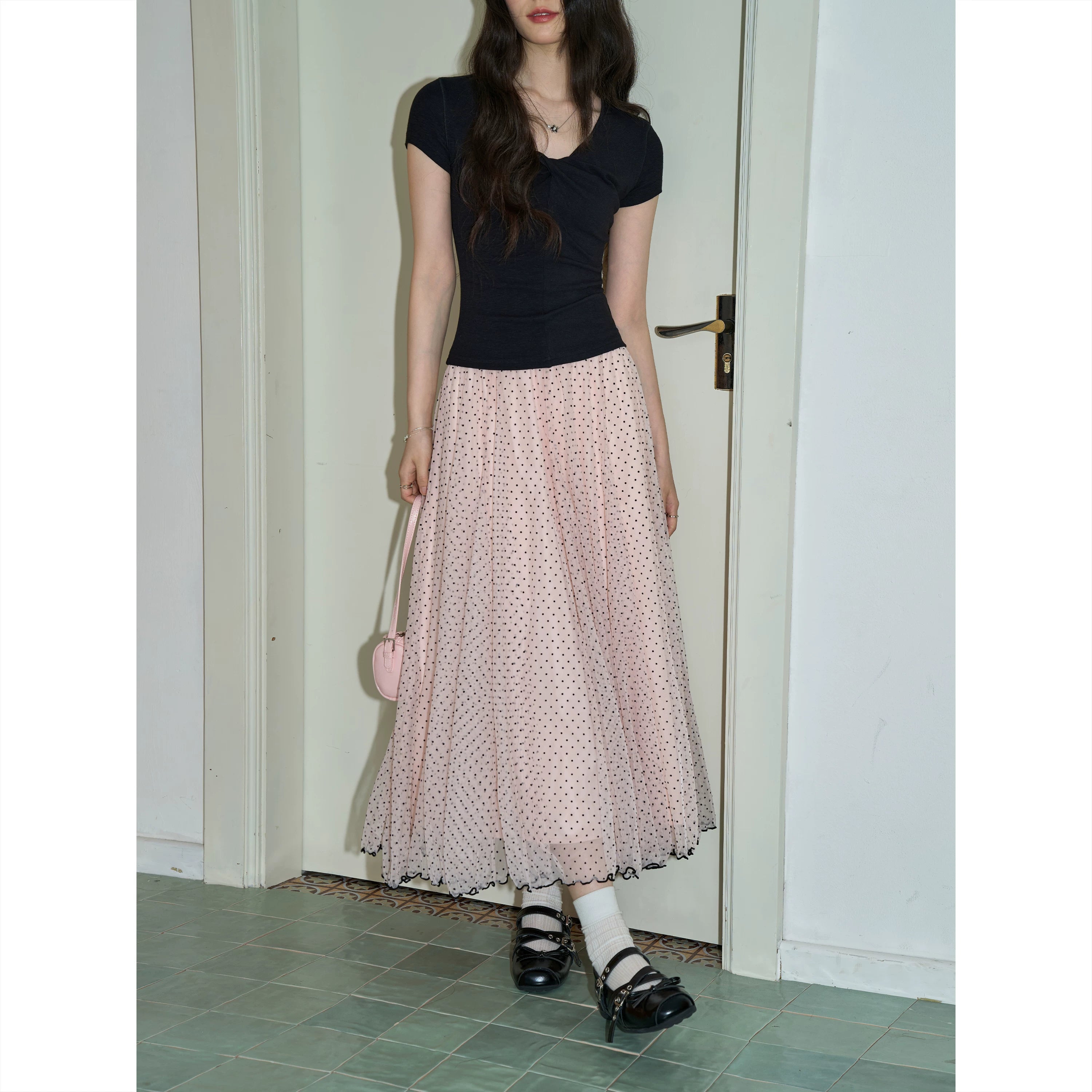 XUJING Polka Dot 400g Breathable High-Waist A-Line Skirt