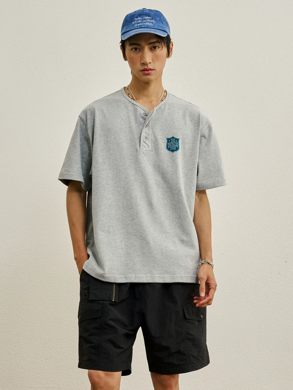 CENLES Badge Graphic 280g Breathable Loose Henley Tee