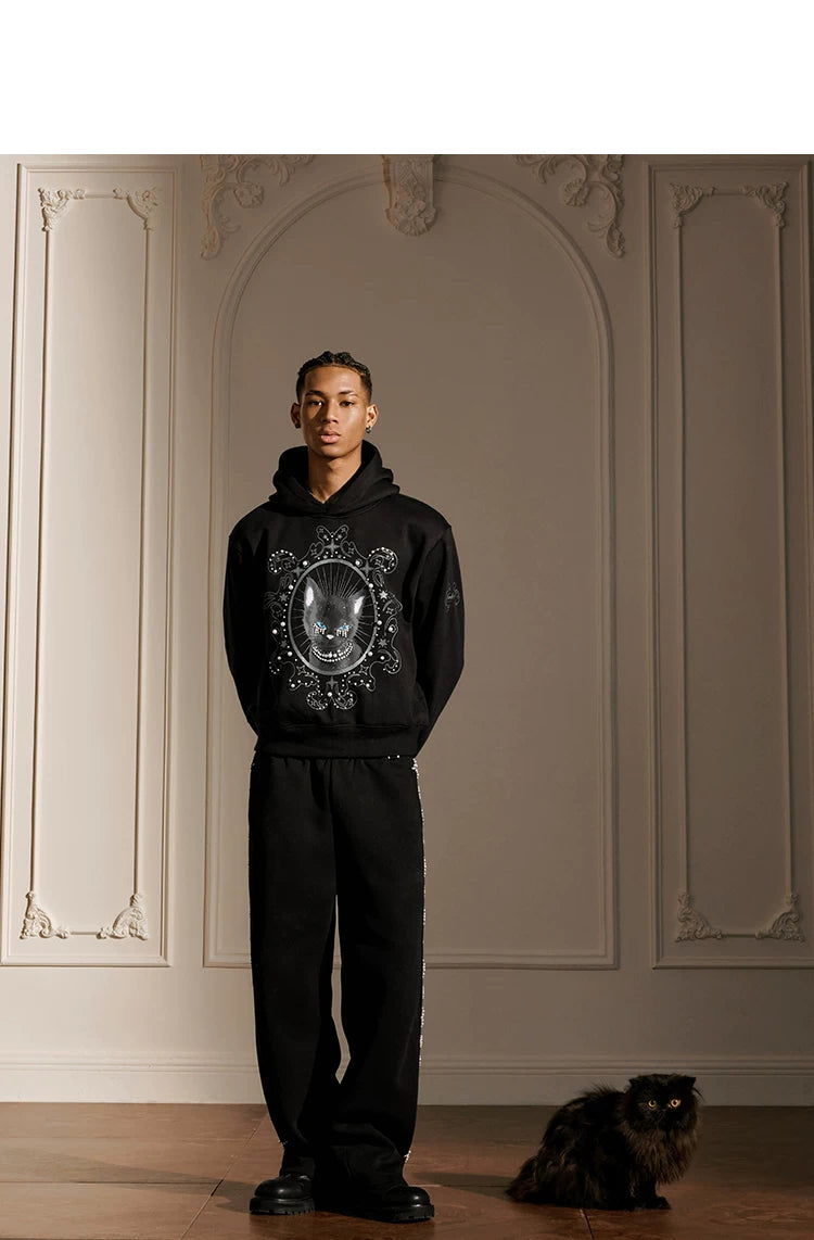 YADcrew Cat Print Hooded Sweater