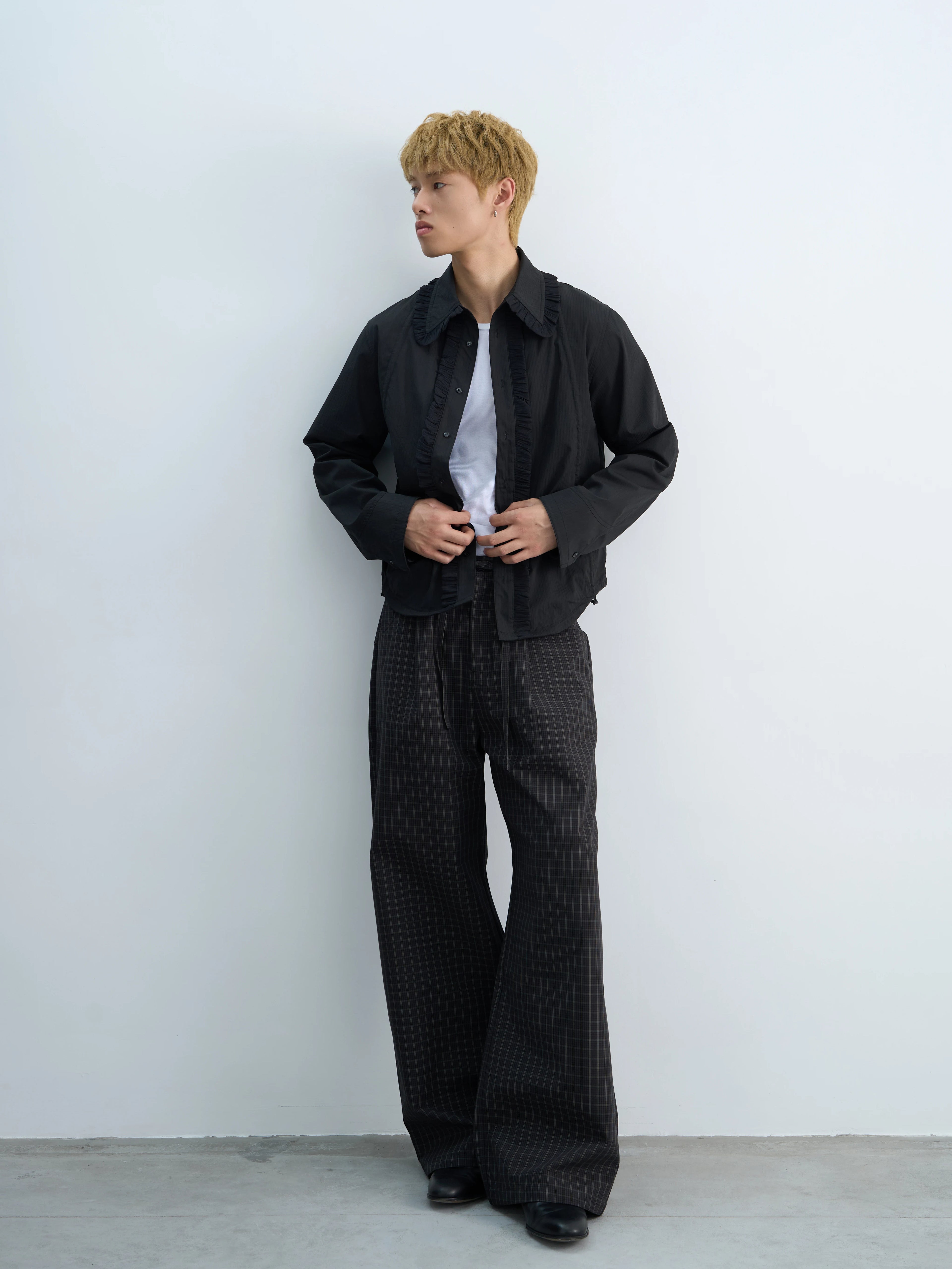 4JUNKS Checked-embroidered Straight Slacks