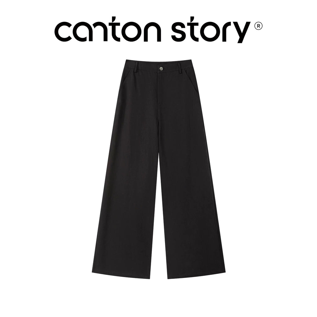 Cantonstory Black High-Waist Wide-Leg Casual Trousers