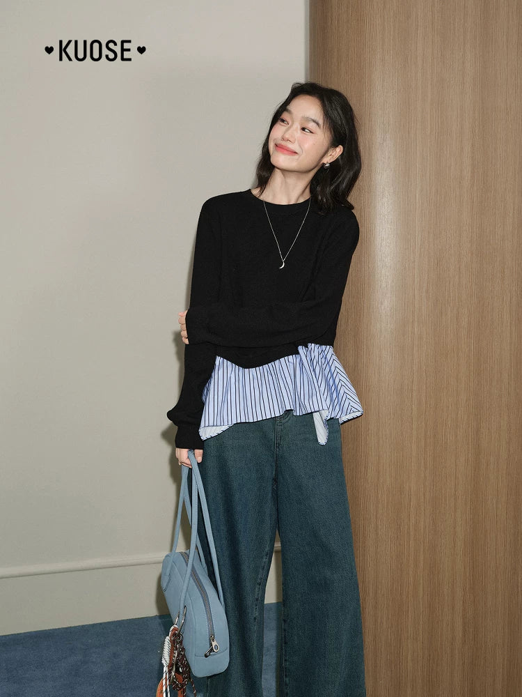 KUOSE Fake Two-piece Spliced Striped Sweater