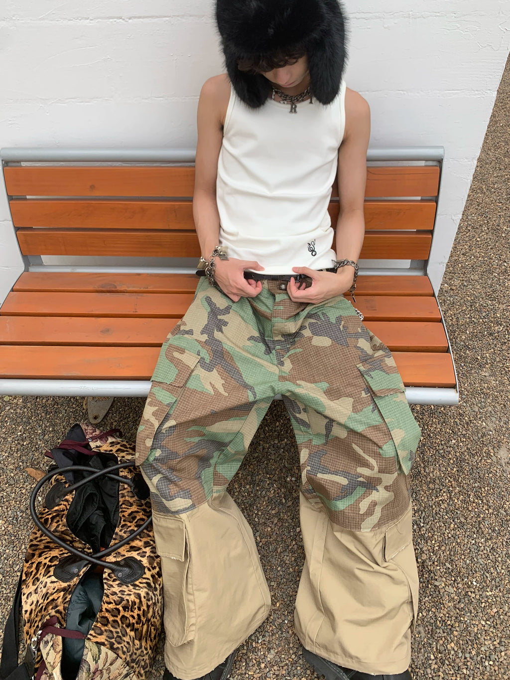 POH Fake Two-layer Frayed Stitching Camouflage Straight Wide-leg Pants