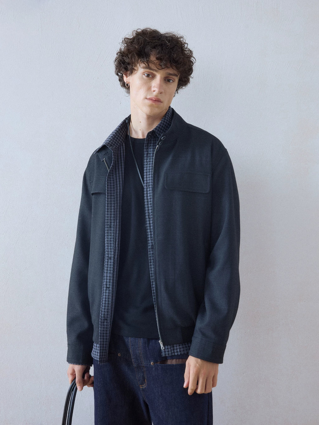 DIMC Plaid Loose Stand Collar Harrington Jacket