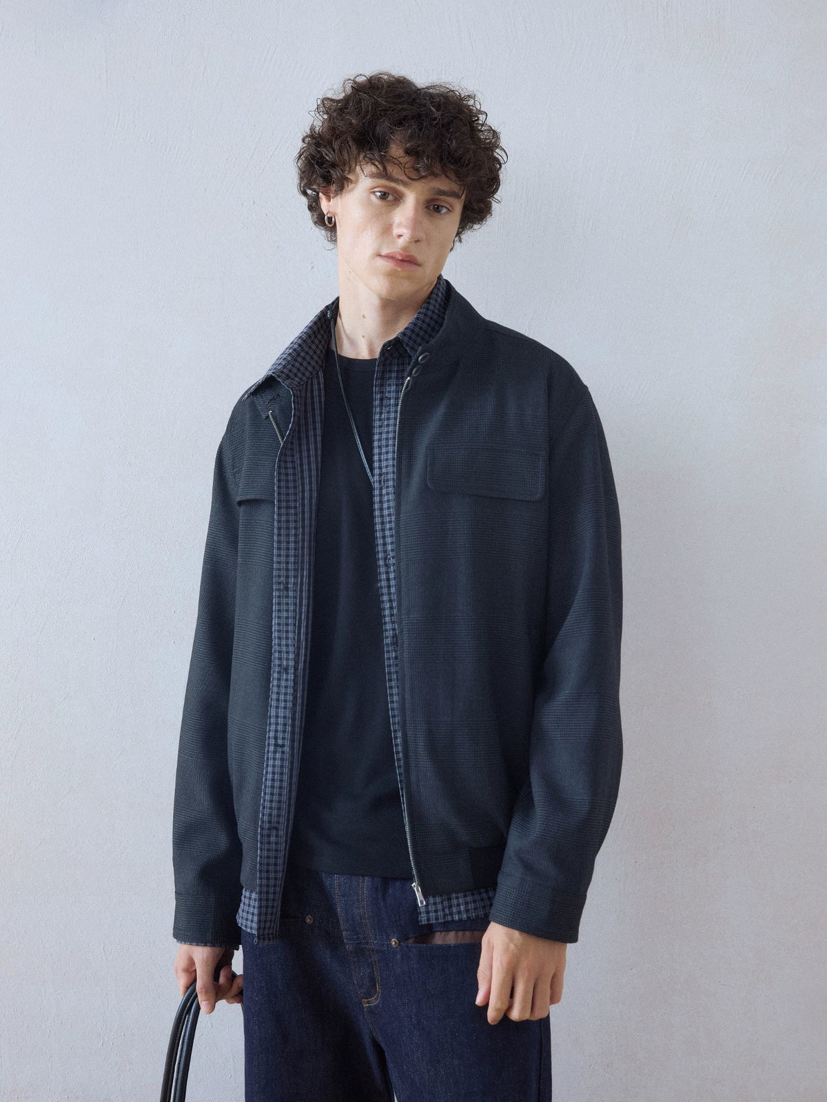 DIMC Plaid Loose Stand Collar Harrington Jacket