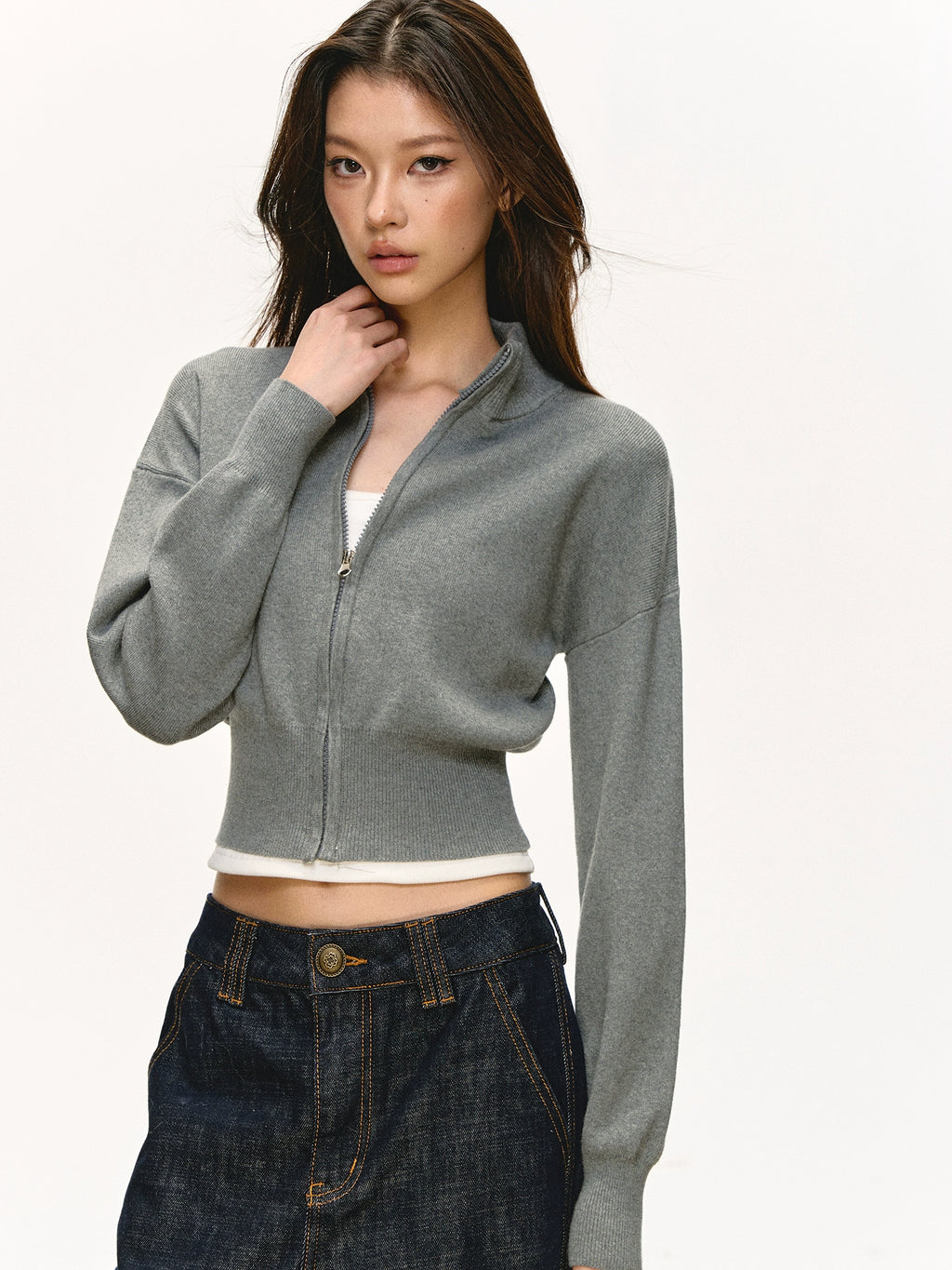 Anna Aneae Knitted Short Stand-up Neck Zip-up Jacket