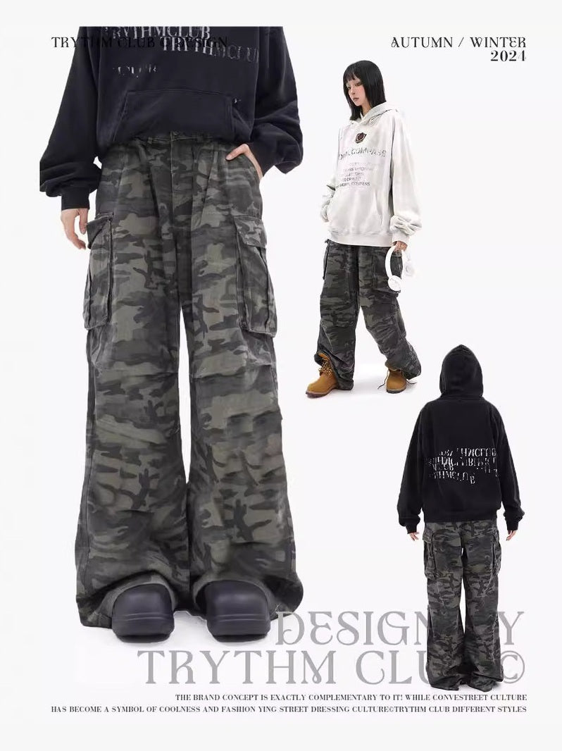 TRYTHMCLUB Vintage Camo Pocket Tooling Straight Loose Wide Leg Pants