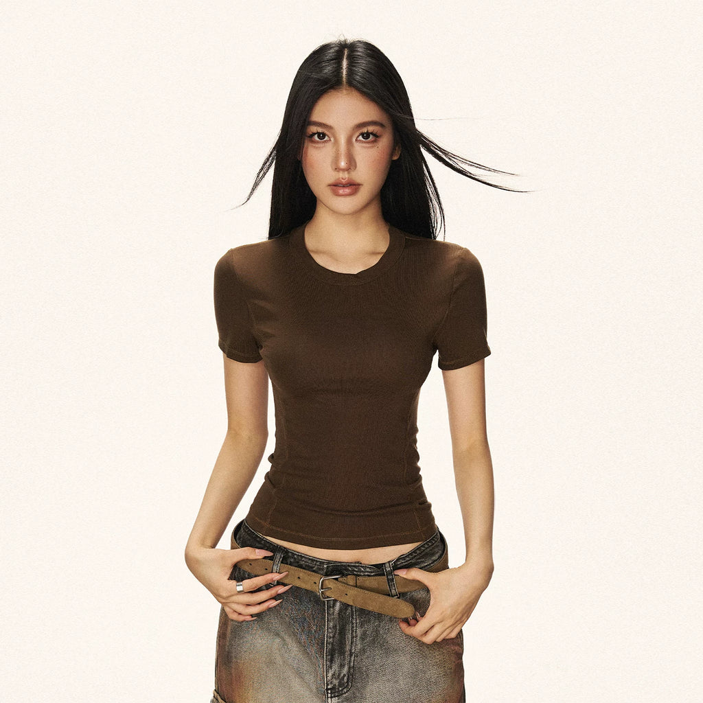 Cherry Melody American Retro Tencel Fitted Crew Neck Tee
