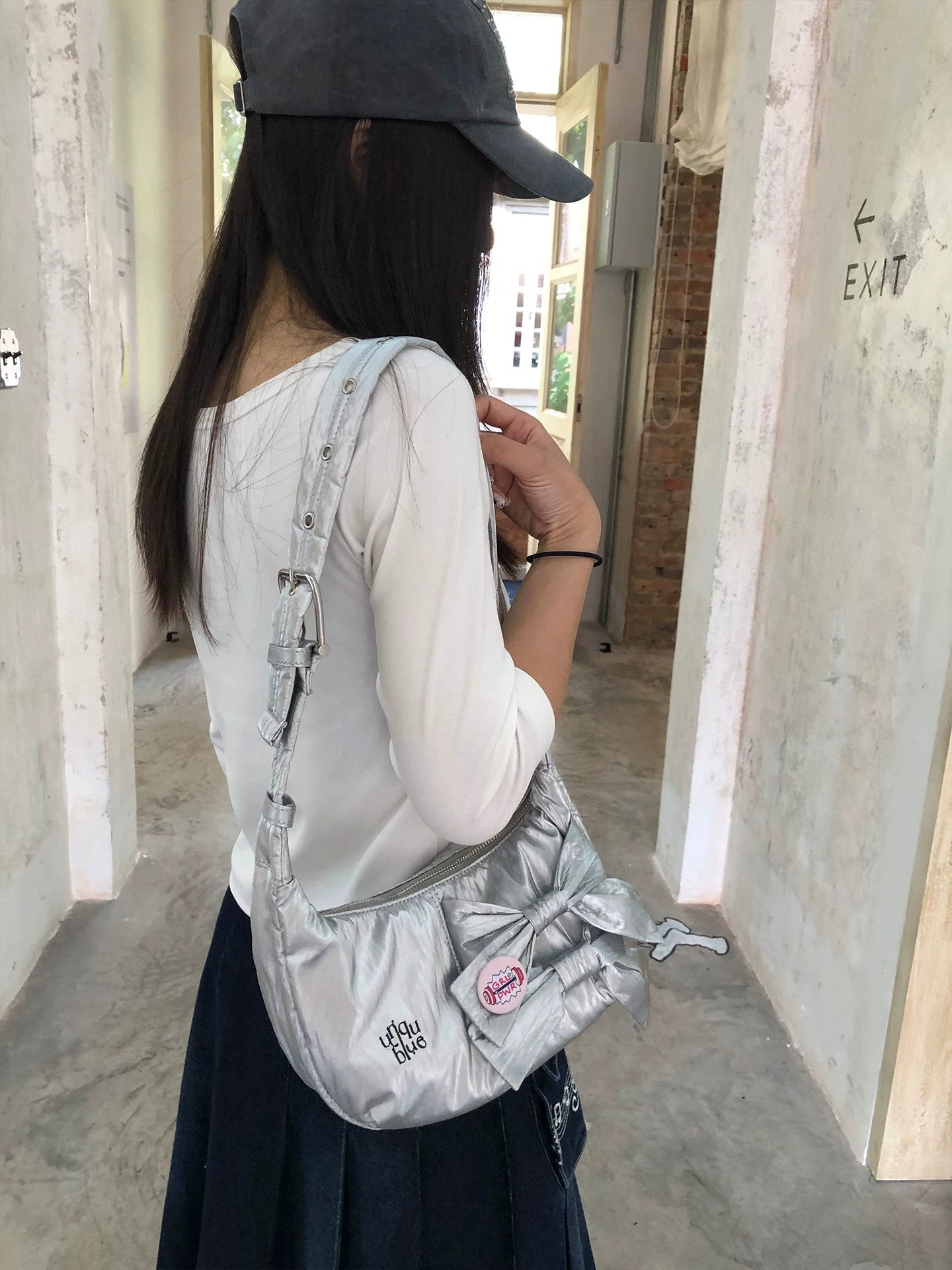 Unique blue Silver Faux Leather Bow Underarm Bag - Zip Top