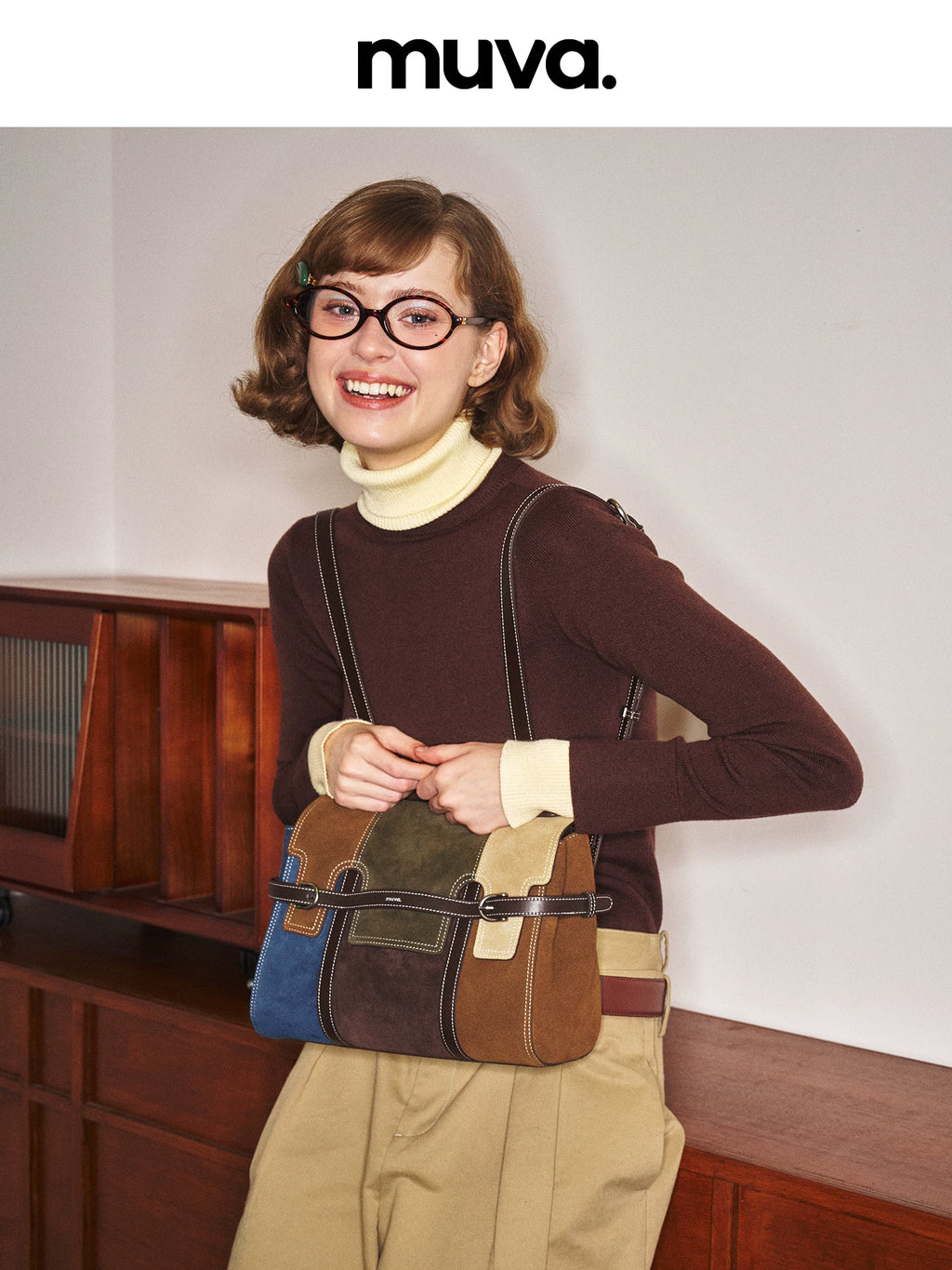 muva. Cow Suede Plaid Buckle Handbag
