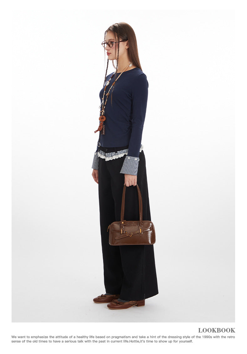Nariele Waist Wrinkle Stitching Contrasting Color Slim Long Sleeve