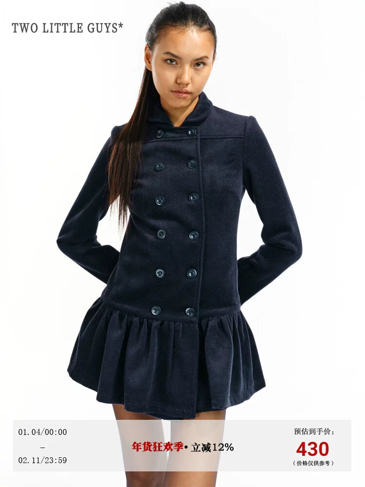 Two Little Guys Soft Waxy Double-breasted Lapel Dress Woolen Coat