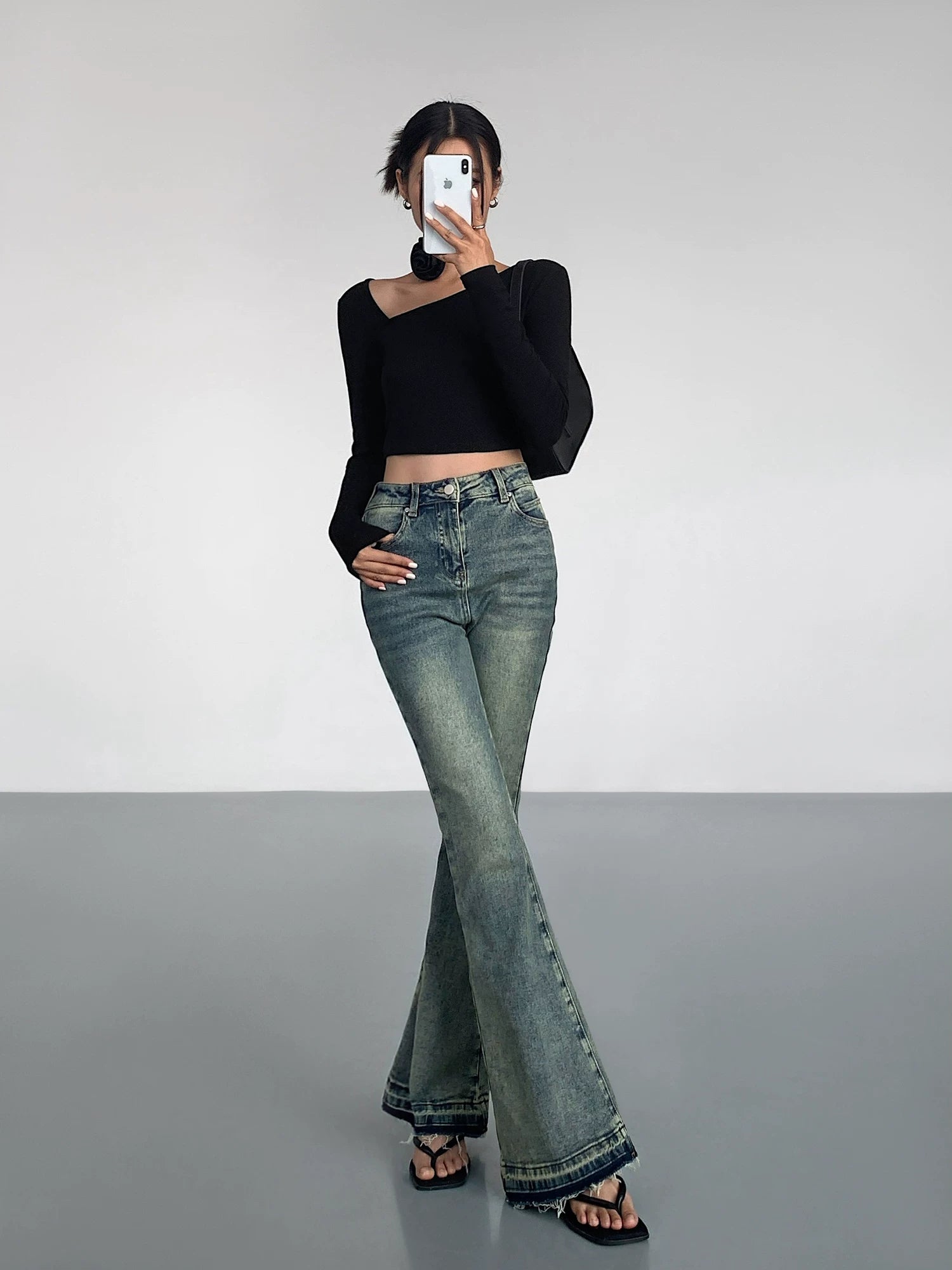 OUSPH Vintage High Waist Burr Edge Pull Jeans(clearance)