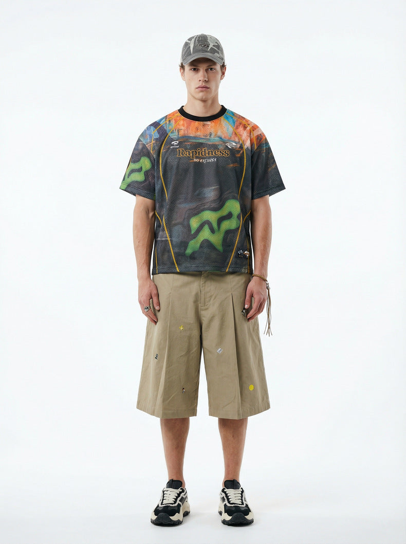Inflation Contrast Color Line Retro Sports Short Sleeve T-Shirt
