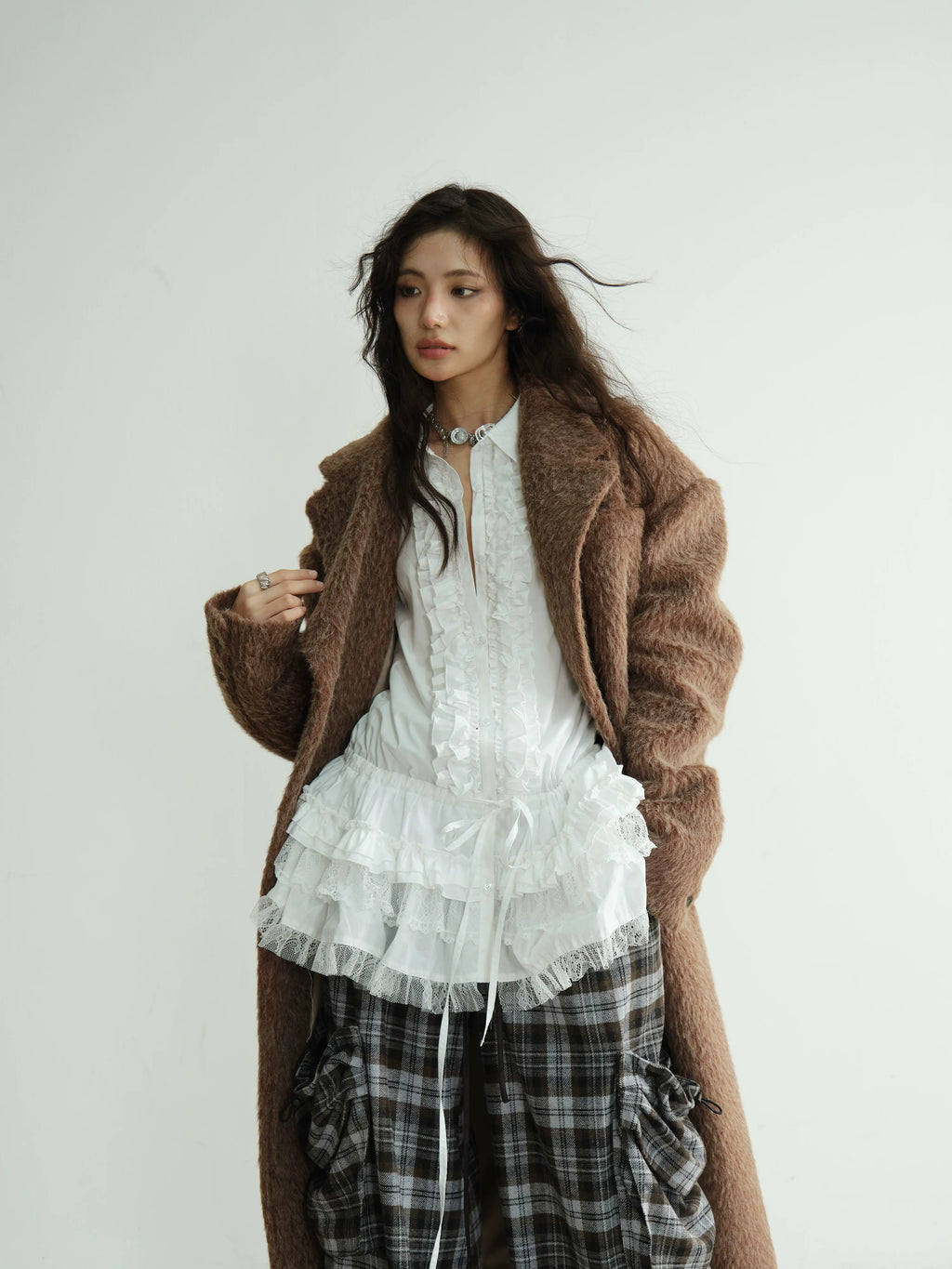 JNYLON Lace Skirt Waist-strapped Long Shirt