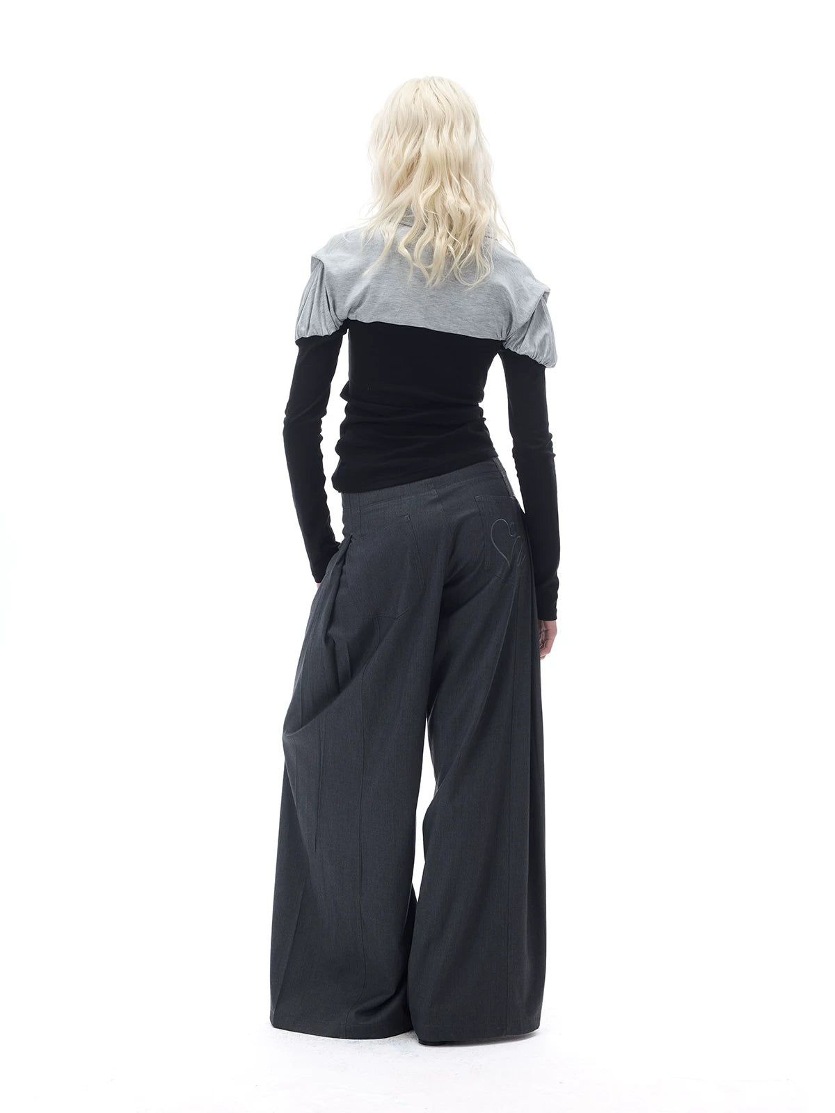 COSTUSTOOT Grey Pleated High-Waist Wide-Leg Trousers