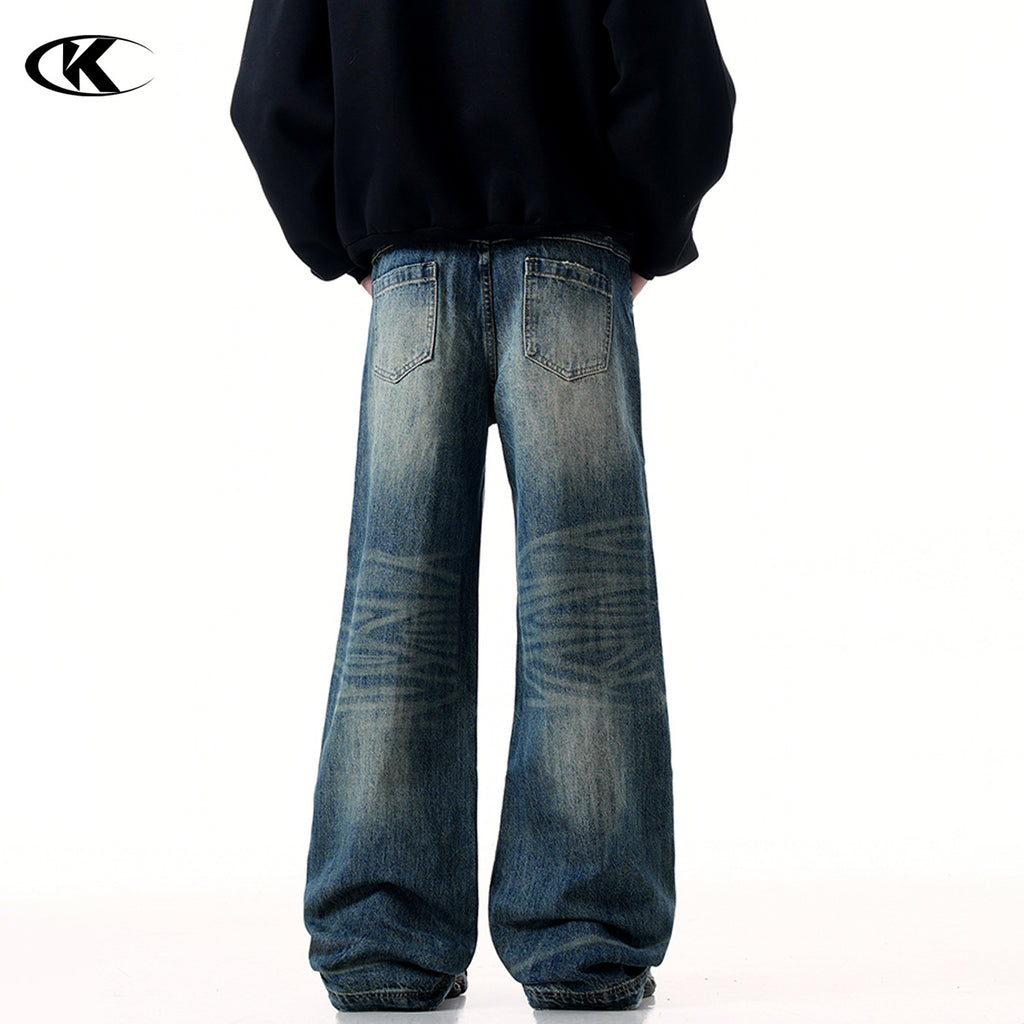 11KN American Retro Cleanfi Heavy High Street Washed Blue Loose Straight Wide Leg Long Jeans