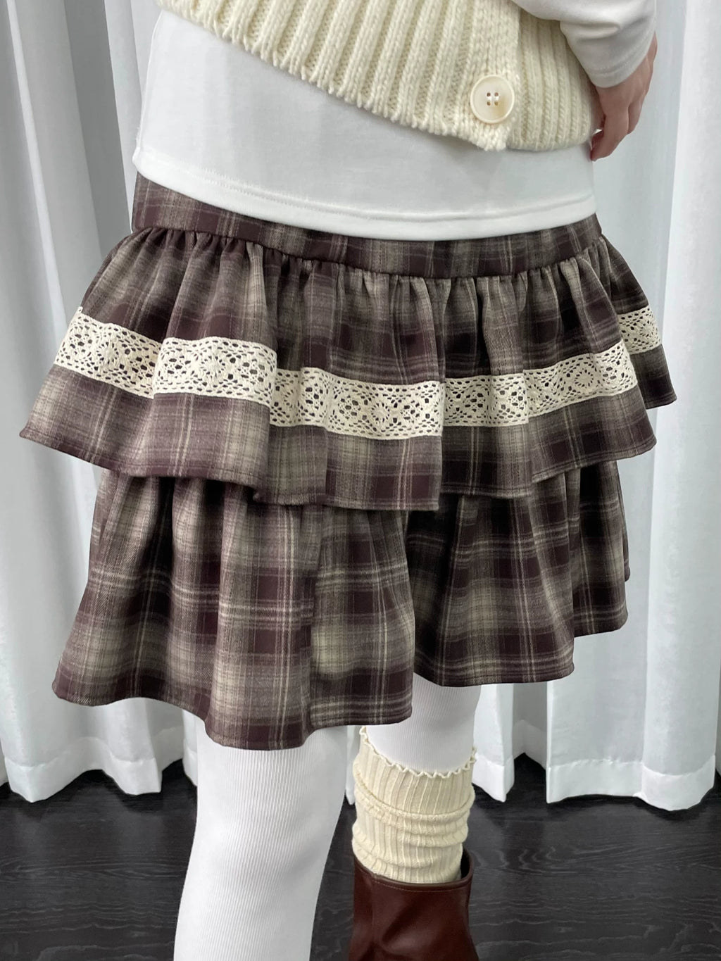 Loosesmell Plaid Patchwork Lace Double Dress