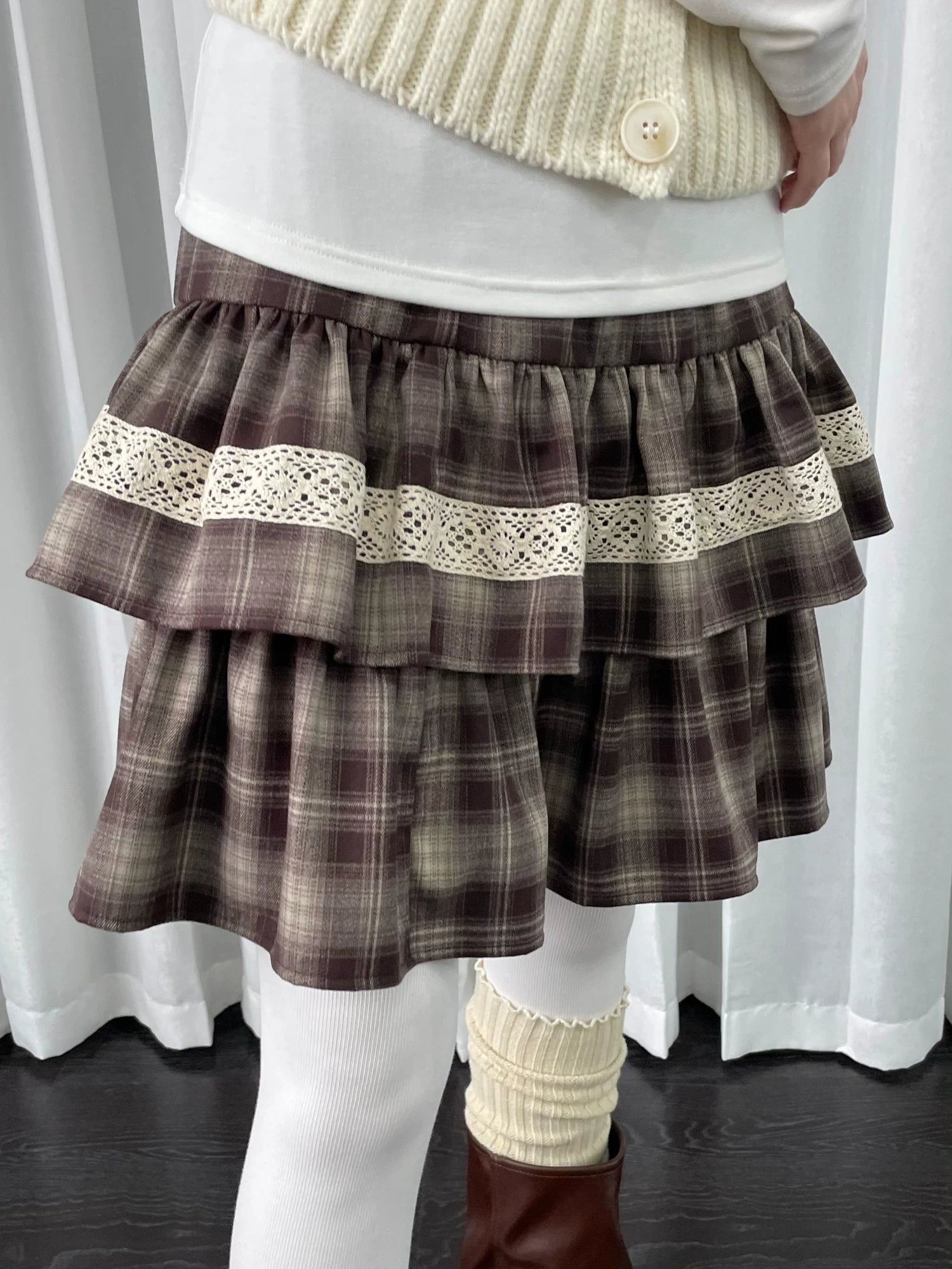 Loosesmell Plaid Patchwork Lace Double Dress