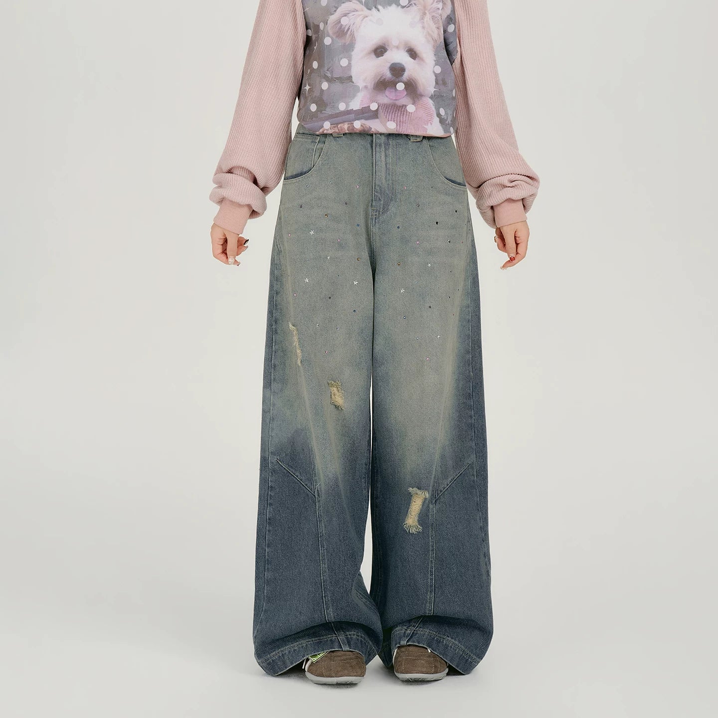 Girlyhalo Vintage Hot Diamond Make Old Wide Leg Jeans