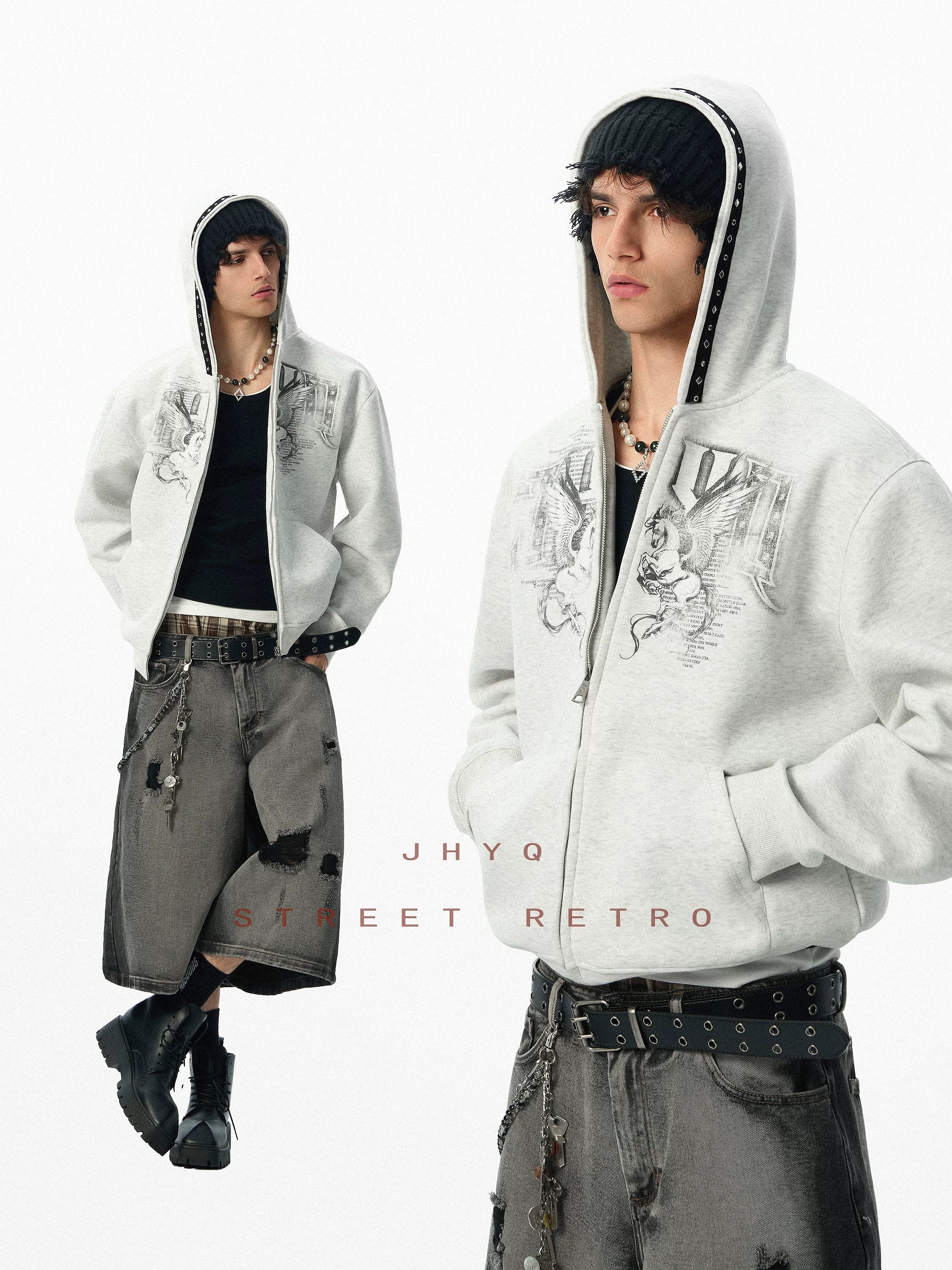 JHYQ Hooded Rivet Short Pegasus Cardigan Jacket