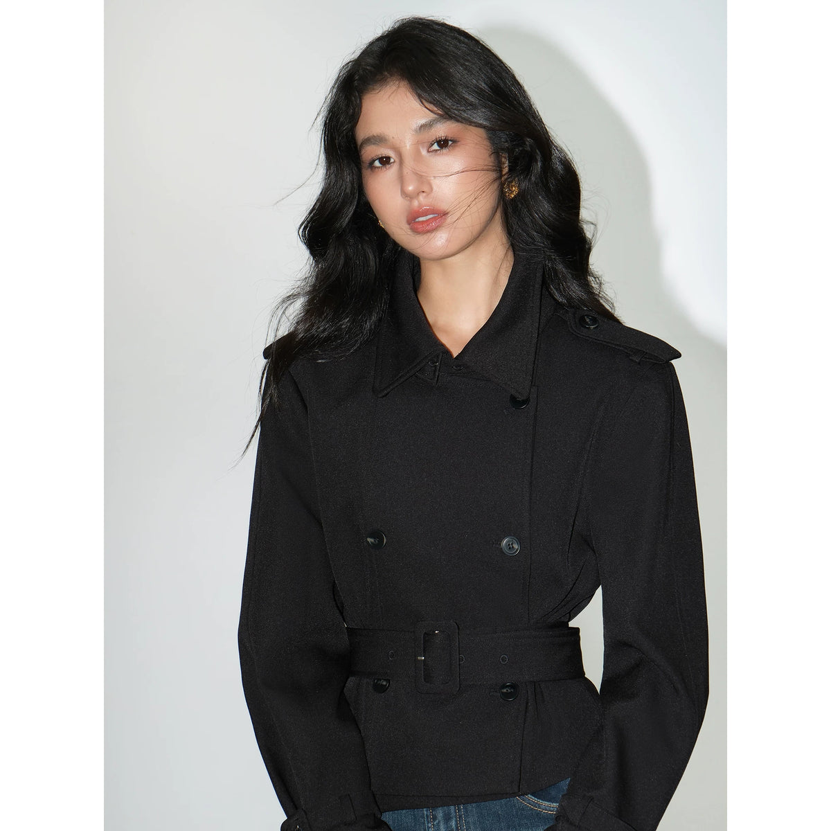 NEVA HU Detachable Belt Structured Shoulder Trench Coat