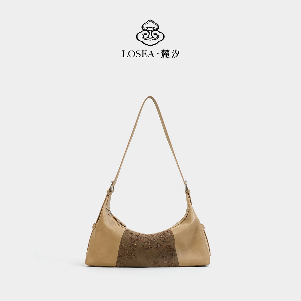 LOSEA Khaki Faux Leather Zip-Top Hobo Bag
