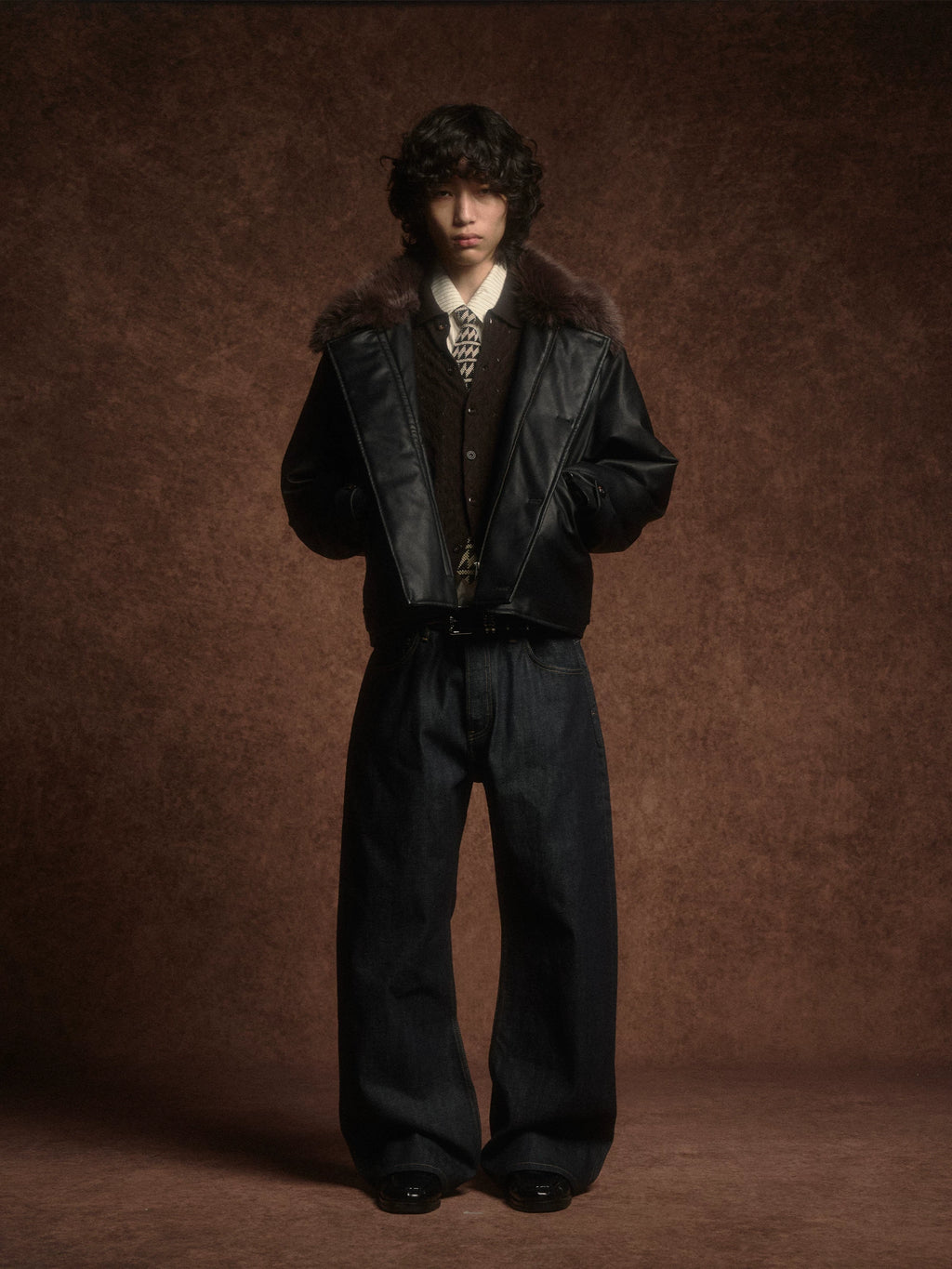 Azure Lisseur Sweater Collar Leather Jacket