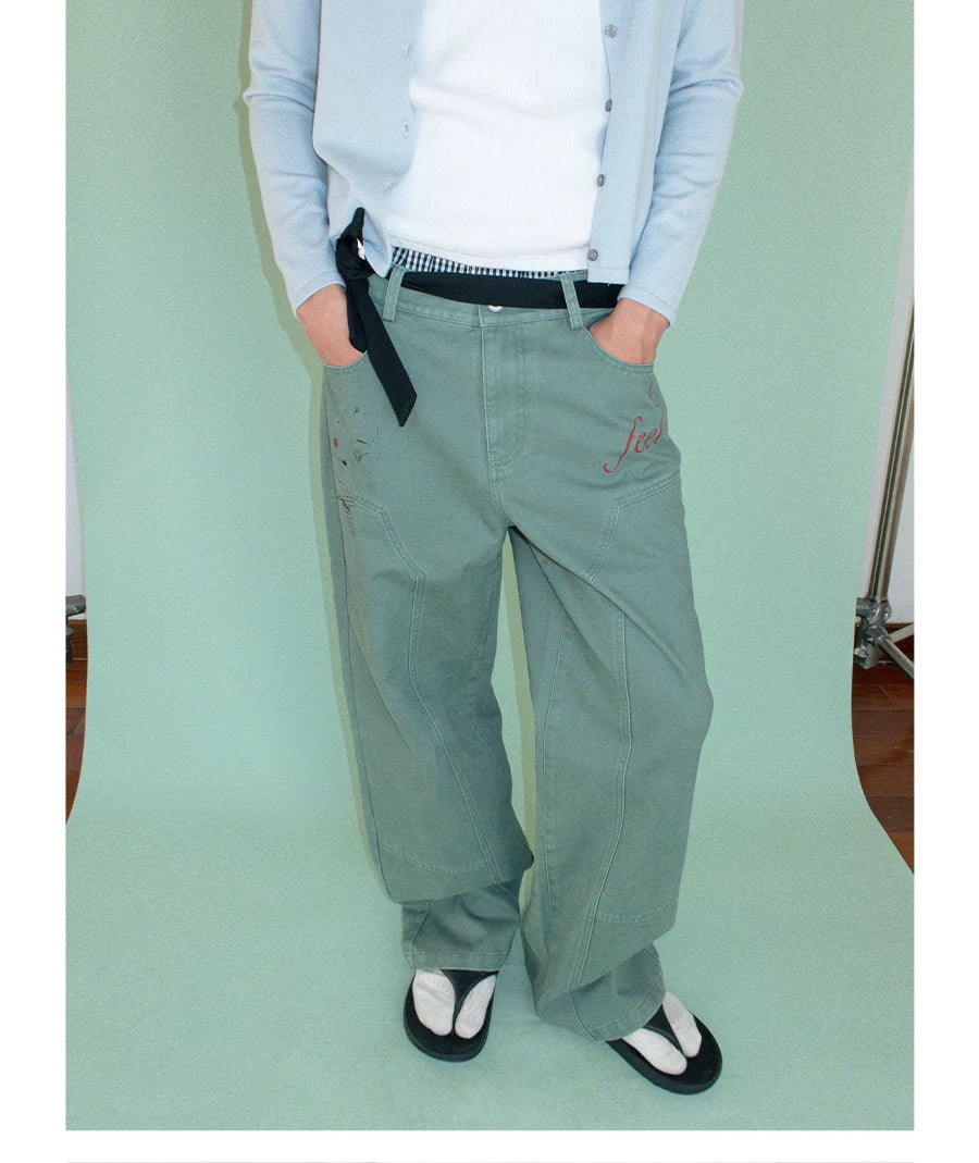 FUNKYFUN Fun Print Logging Structure Straight Casual Trousers