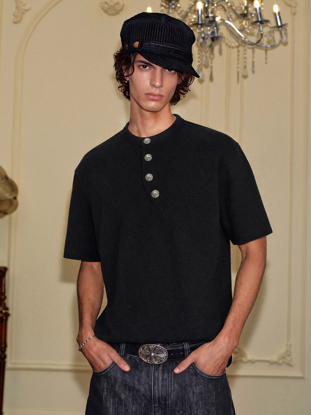 YADcrew Curved Placket Henley Relaxed Tee