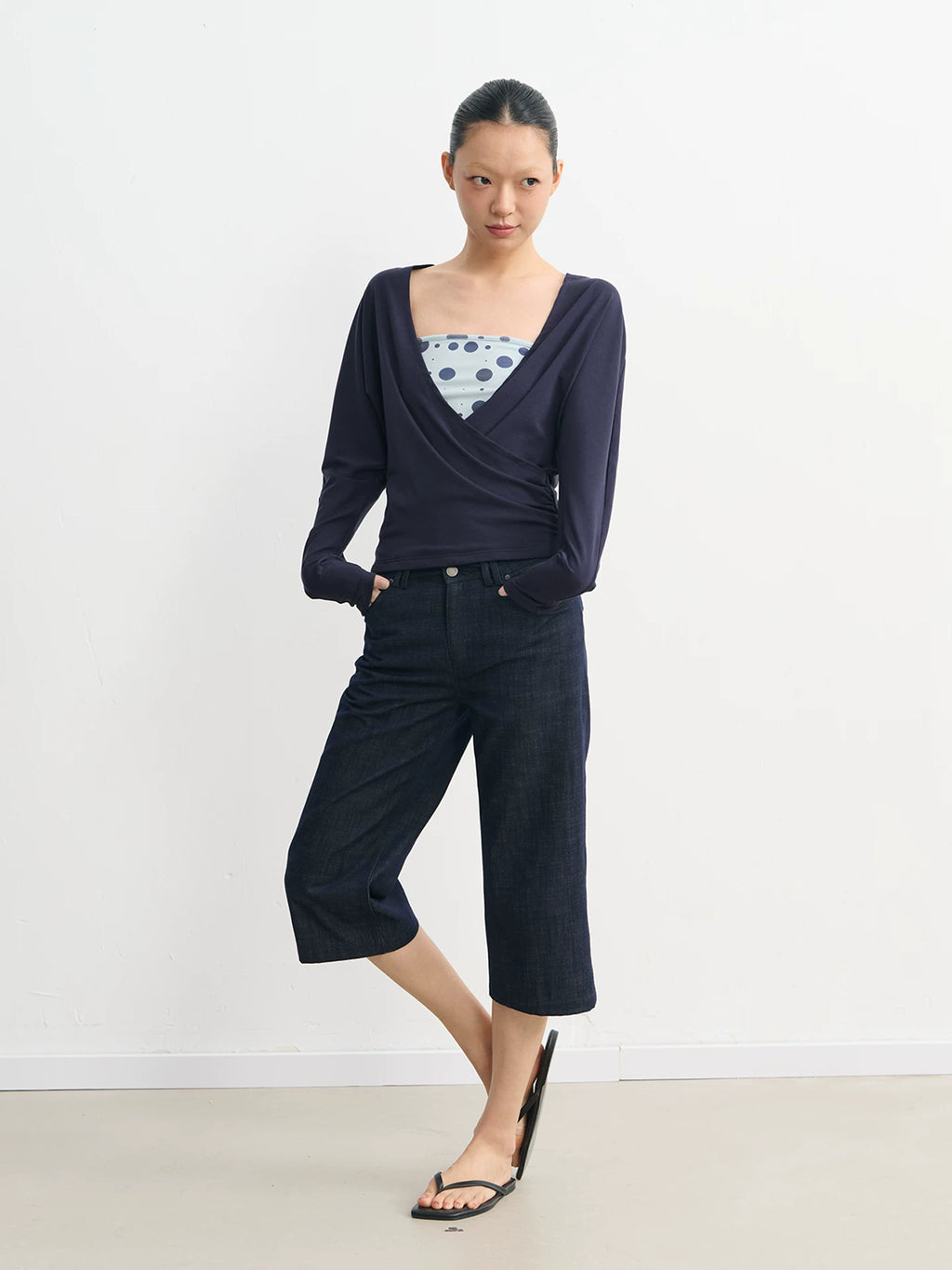 LINY LIBERTY Lyocell Contrast Waist-Cinched Faux Two-Piece Long-Sleeve Tee