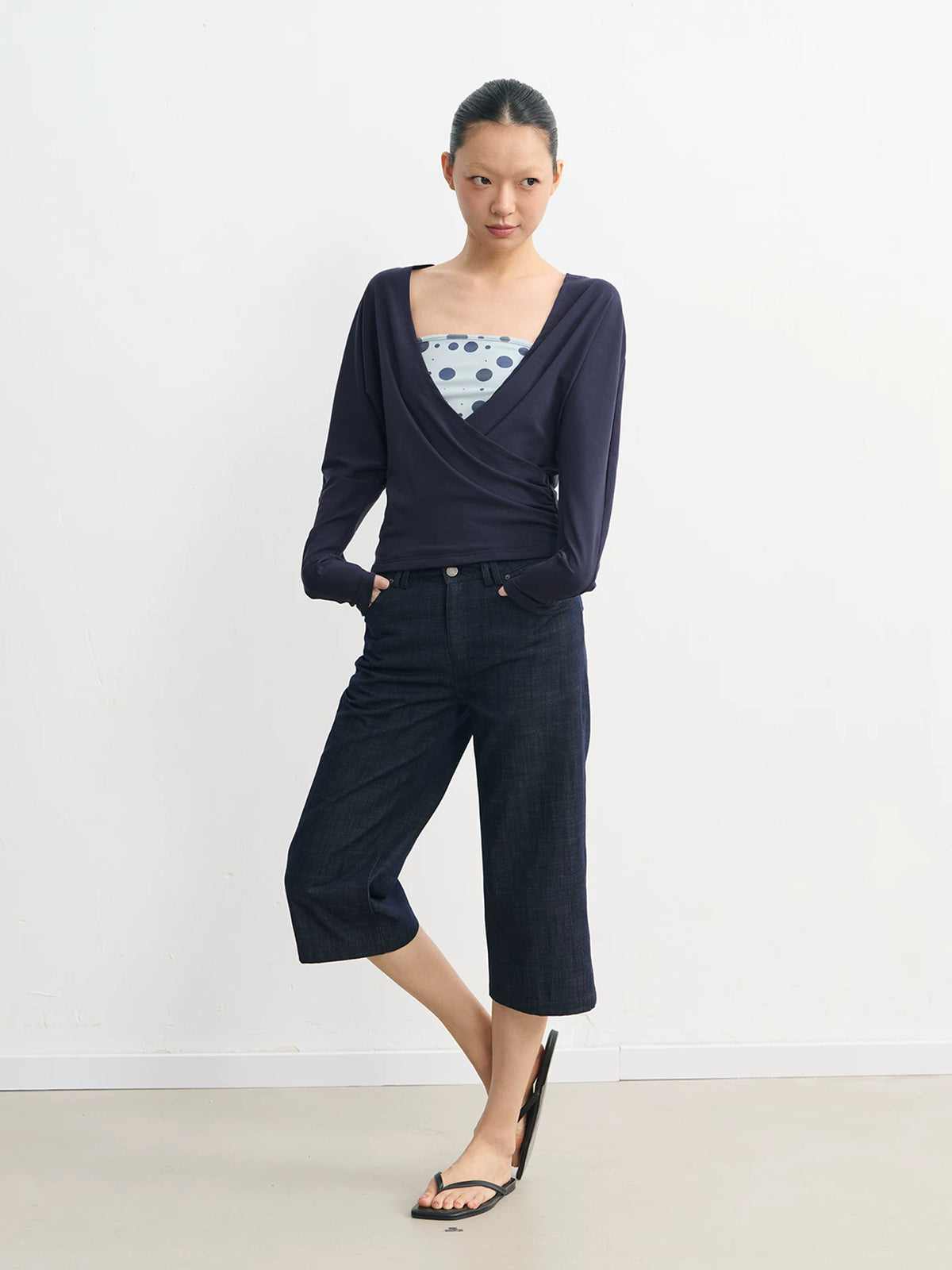 LINY LIBERTY Lyocell Contrast Waist-Cinched Faux Two-Piece Long-Sleeve Tee