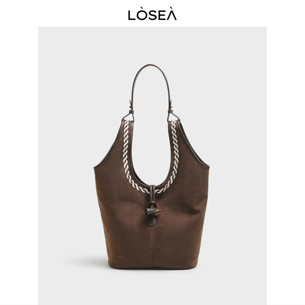 LOSEA Caramel Faux Leather Magnetic Snap Bucket Bag