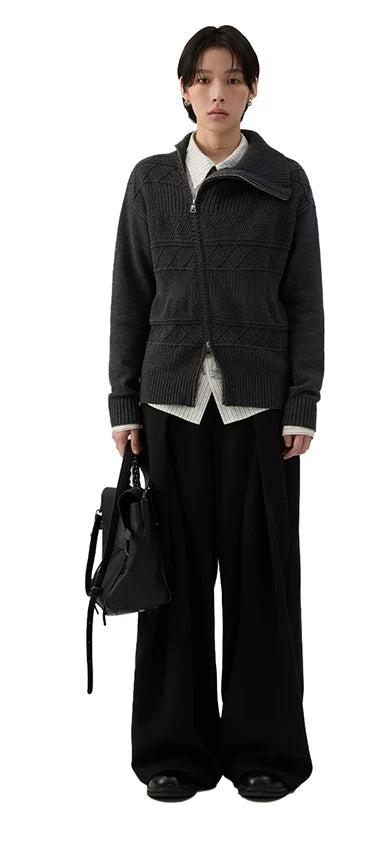 Sameuoo Slanted Placket Turtleneck Knitted Cardigan
