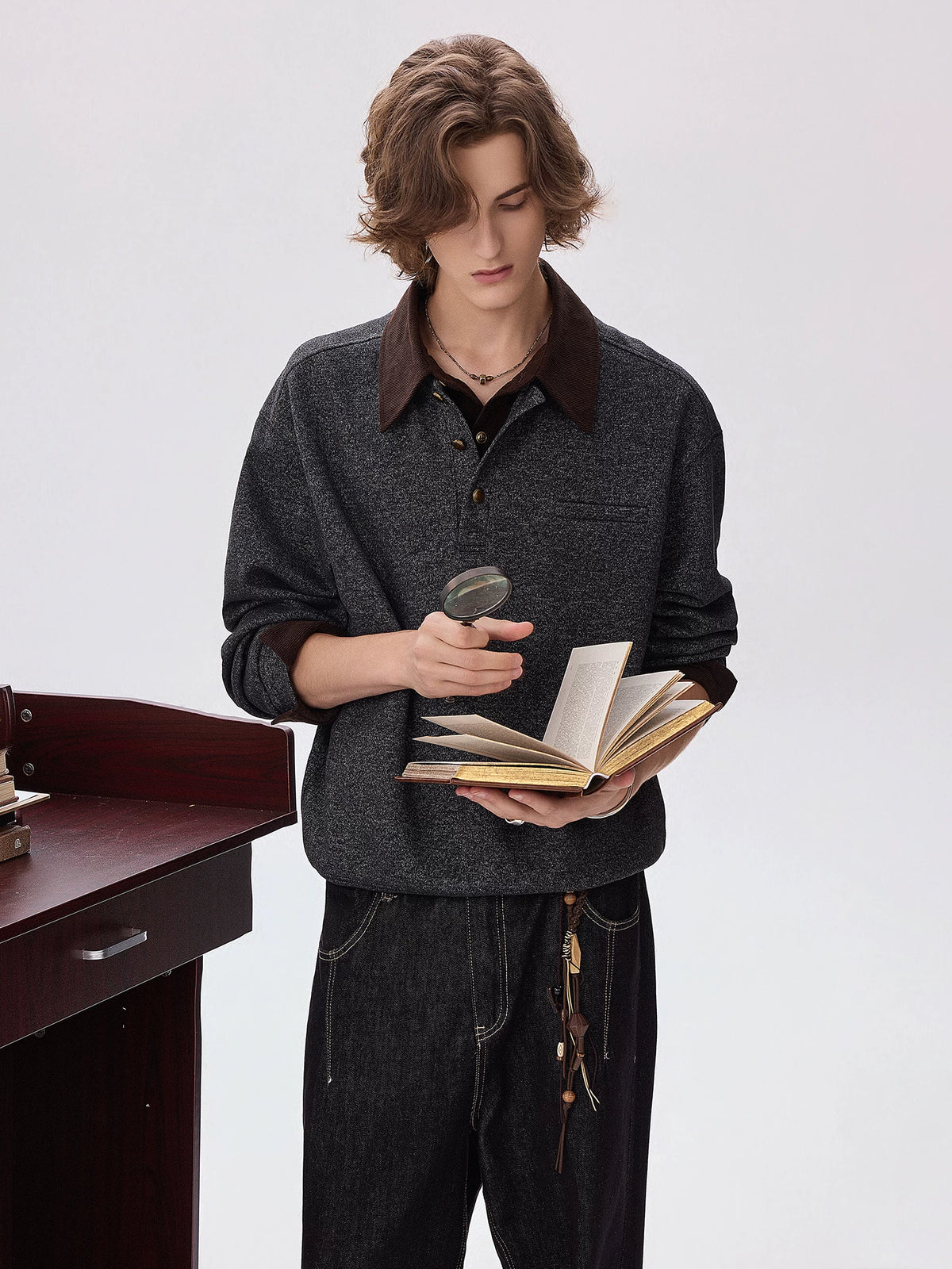 CHOR Color-Block Faux-Layered Polo Collar Long-Sleeve Sweatshirt