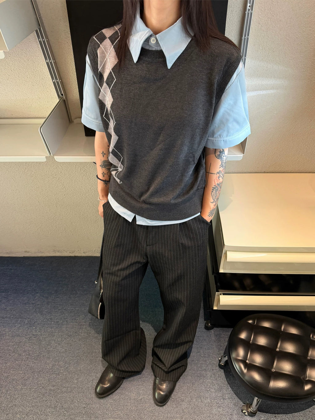 SINONOME Striped Pleated Relaxed Straight-Leg Trousers