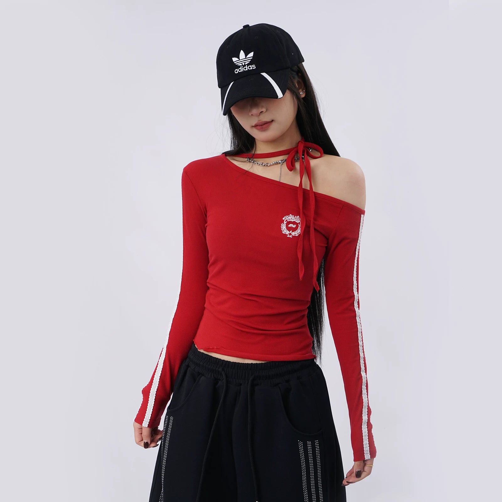 SAMUSAN Slanted Shoulder Striped Strap Long Sleeve