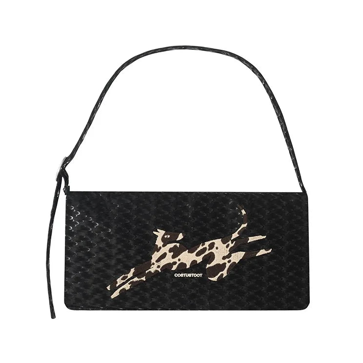 COSTUSTOOT Black Faux Leather Dalmatian Embroidered Shoulder Bag - Zip Top
